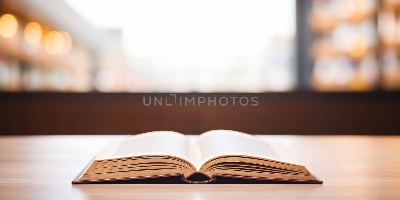 Open book on a wooden table in a library with blurred bookshelves and window in the background. Concept for education, knowledge, and learning.