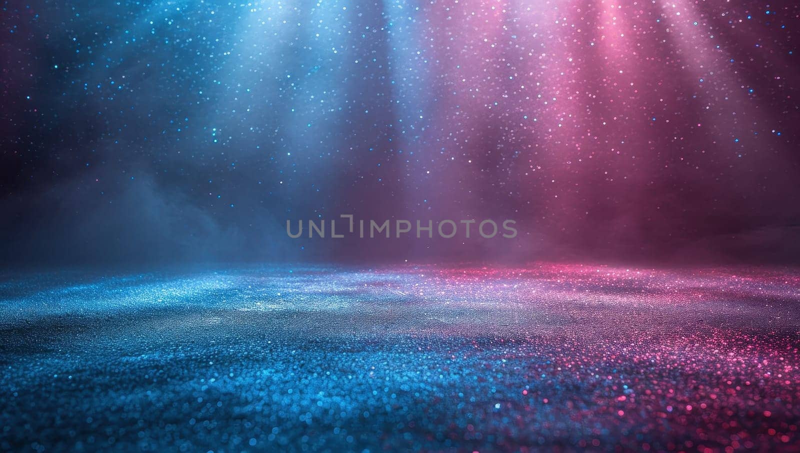 Mystical neon glowing forest background with blue and pink lights, fog, and shimmering particles. Fantasy, magical, surreal.