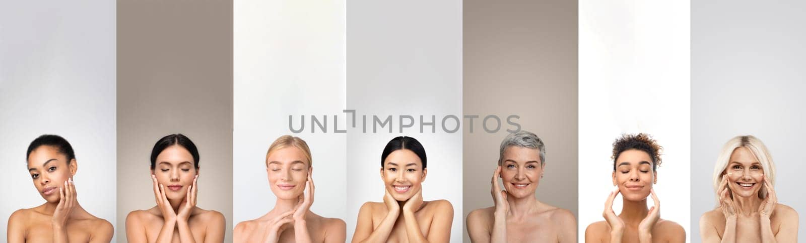 Seven diverse women are standing against a white backdrop, each smiling and touching their faces gently. The multiethnic women of different ages, showcasing a wide variety of beauty.