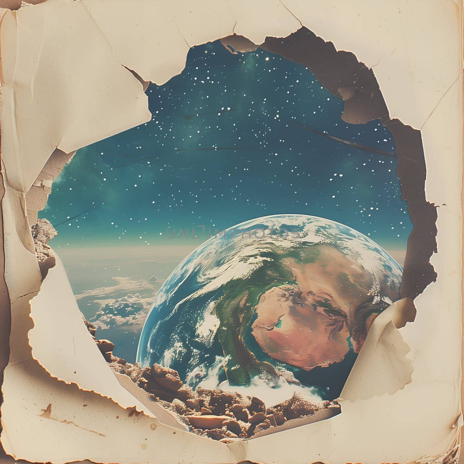 A torn page of a book with a picture of the earth and stars. The torn page is a metaphor for the fragility of our planet and the vastness of the universe