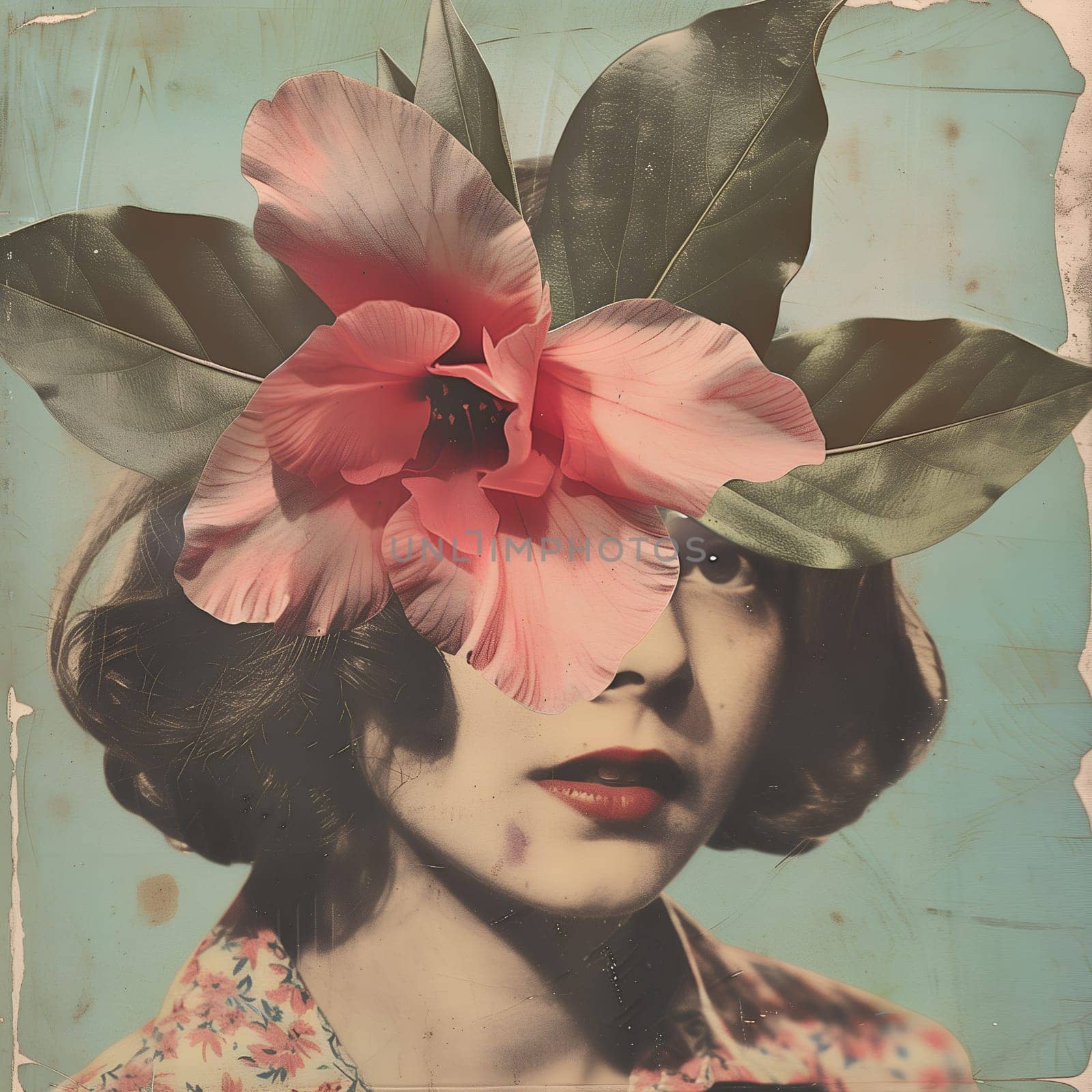 A woman's face is covered by a flower. The image has a vintage feel to it, and the flower is the main focus of the picture. The woman's face is obscured by the flower, which creates a sense of mystery