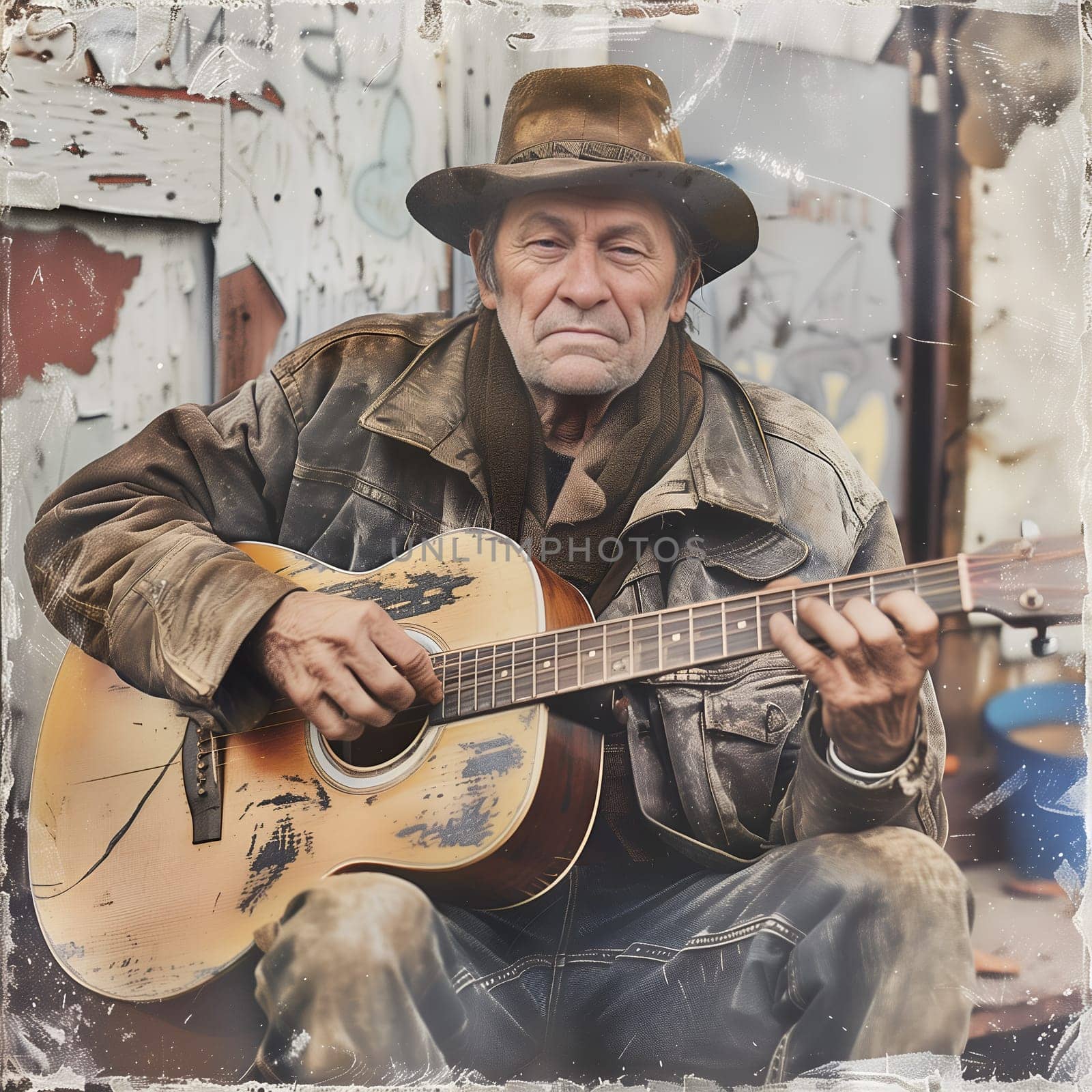 A man in a hat and a brown jacket is playing a guitar. The man is sitting on the ground and he is in a contemplative mood