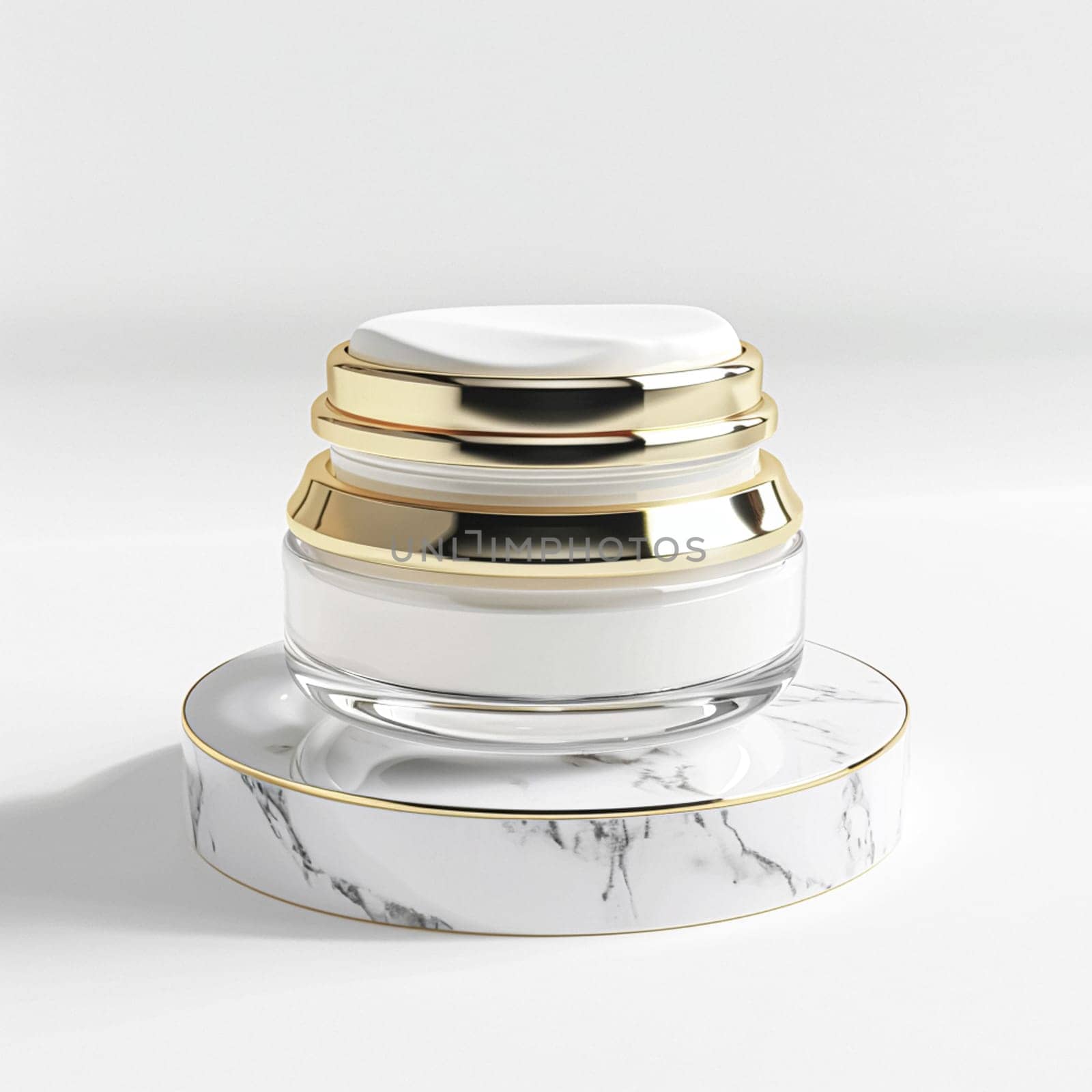 Face cream in a glass jar on a white and gold background. Skin care concept. Backdrop for beauty cosmetic products