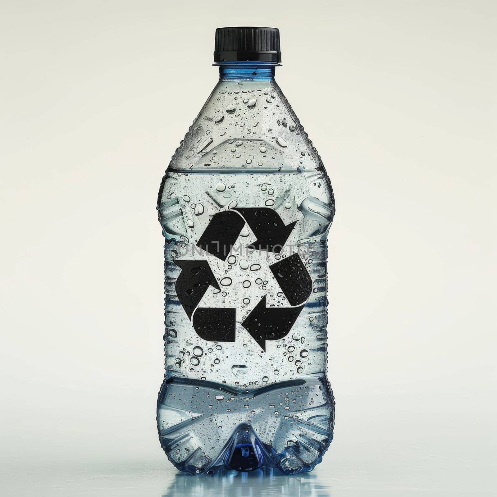 A bottle of water with a black and white recycling symbol on it. The bottle is half full of water and has a blue cap