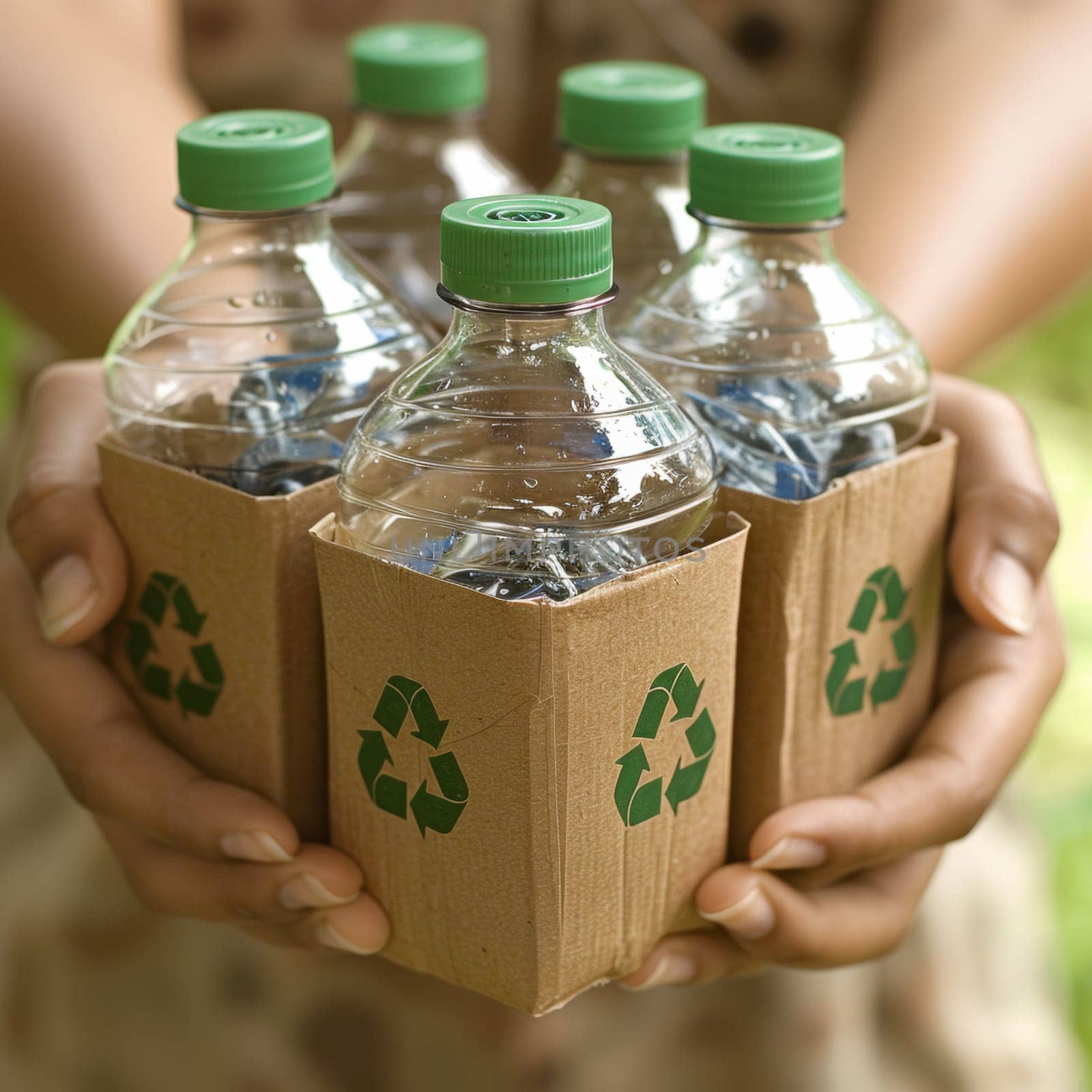A person is holding four plastic bottles in a cardboard box with a green recycling symbol