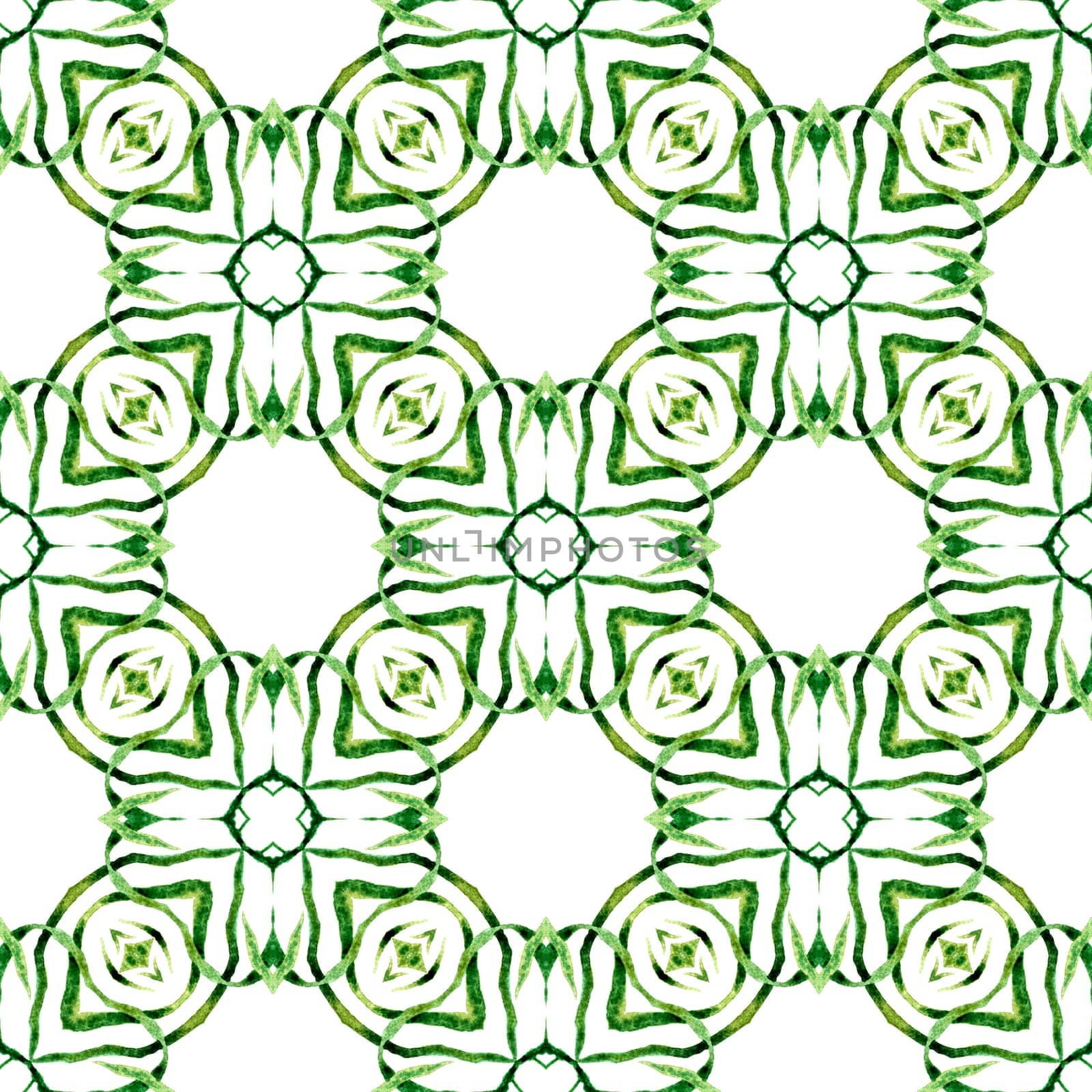 Ikat repeating swimwear design. Green bizarre boho chic summer design. Watercolor ikat repeating tile border. Textile ready remarkable print, swimwear fabric, wallpaper, wrapping.
