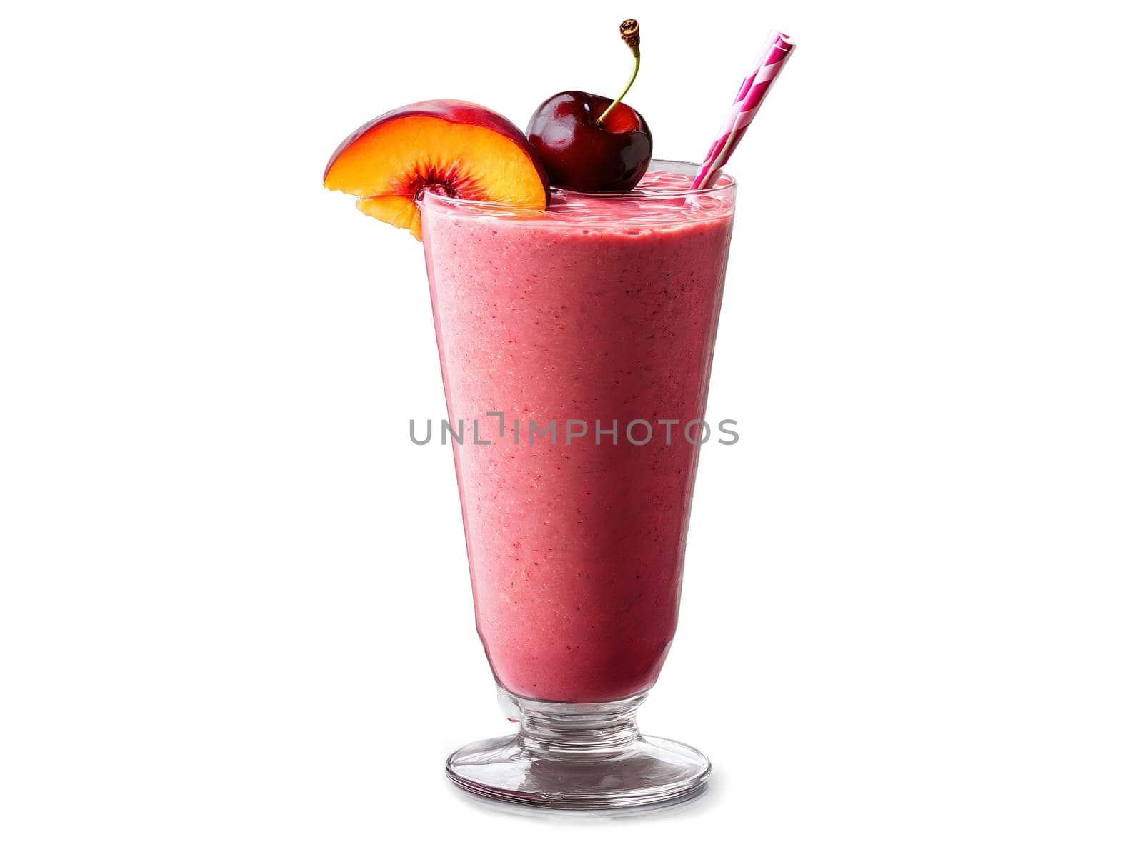 Cherry Peach Smoothie A refreshing cherry peach smoothie in an elegant glass garnished with cherries. Drink isolated on transparent background.