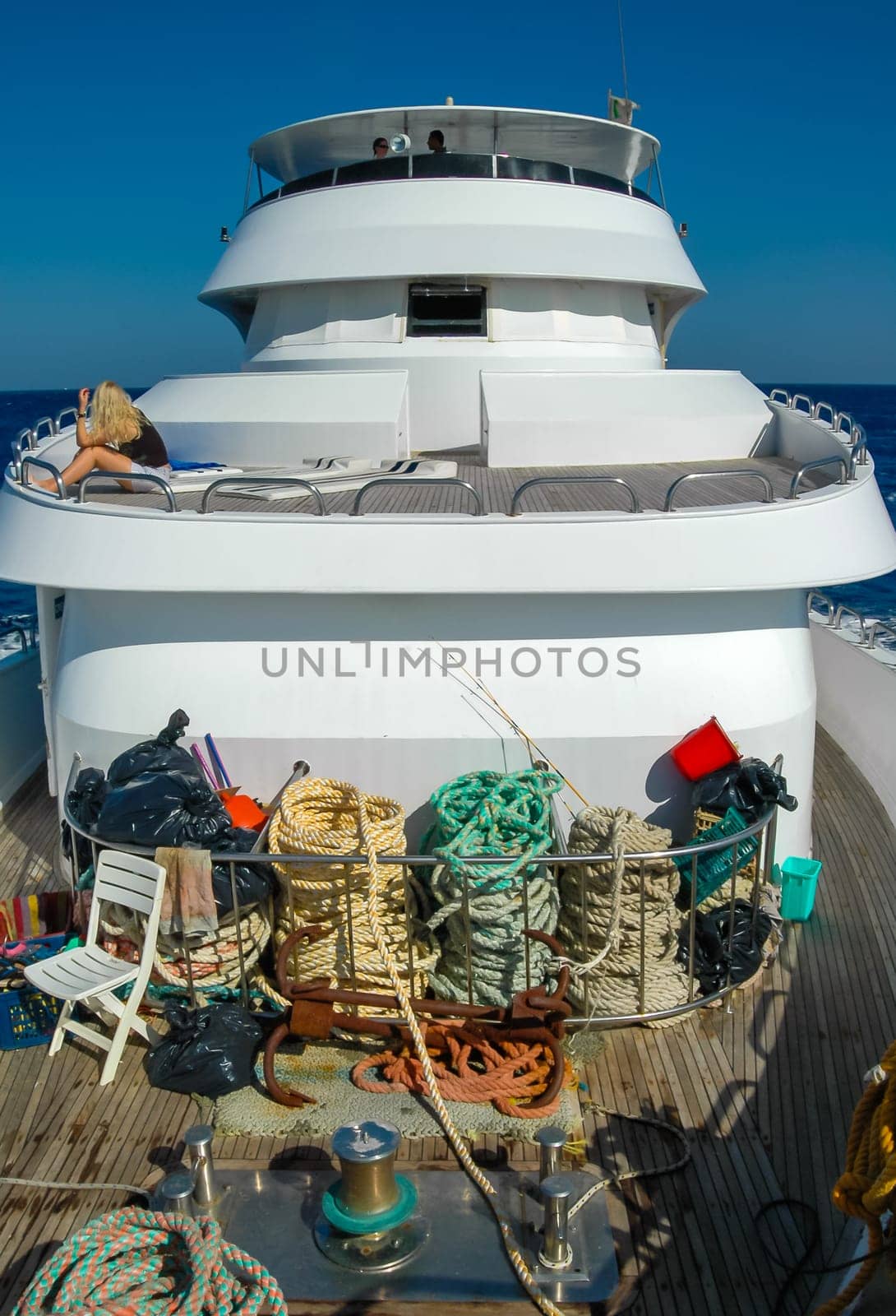 Hurghada, Egypt - November 01, 2007: Anchor and mooring ropes on board a tourist yacht in the Red Sea