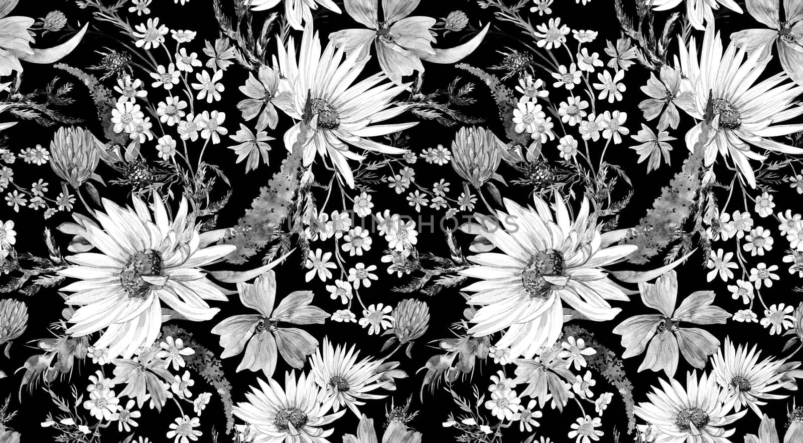 Seamless monochrome watercolor pattern with daisies and wildflowers drawn in watercolor