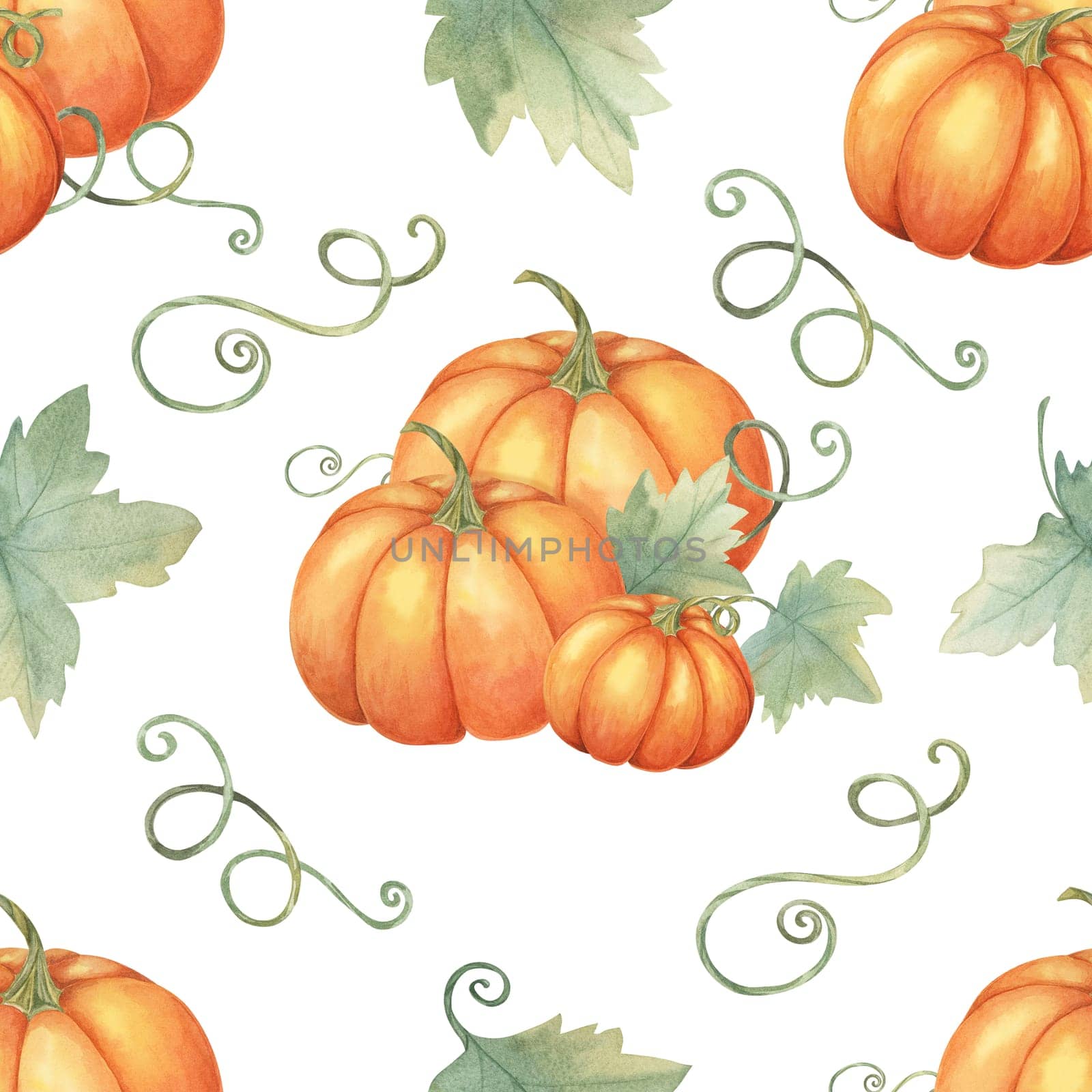 Watercolor seamless pattern featuring orange pumpkins and green leaves. Hand drawn backdrop clipart for autumn event invitations, home textiles, wrapping paper, and eco-friendly packaging designs.