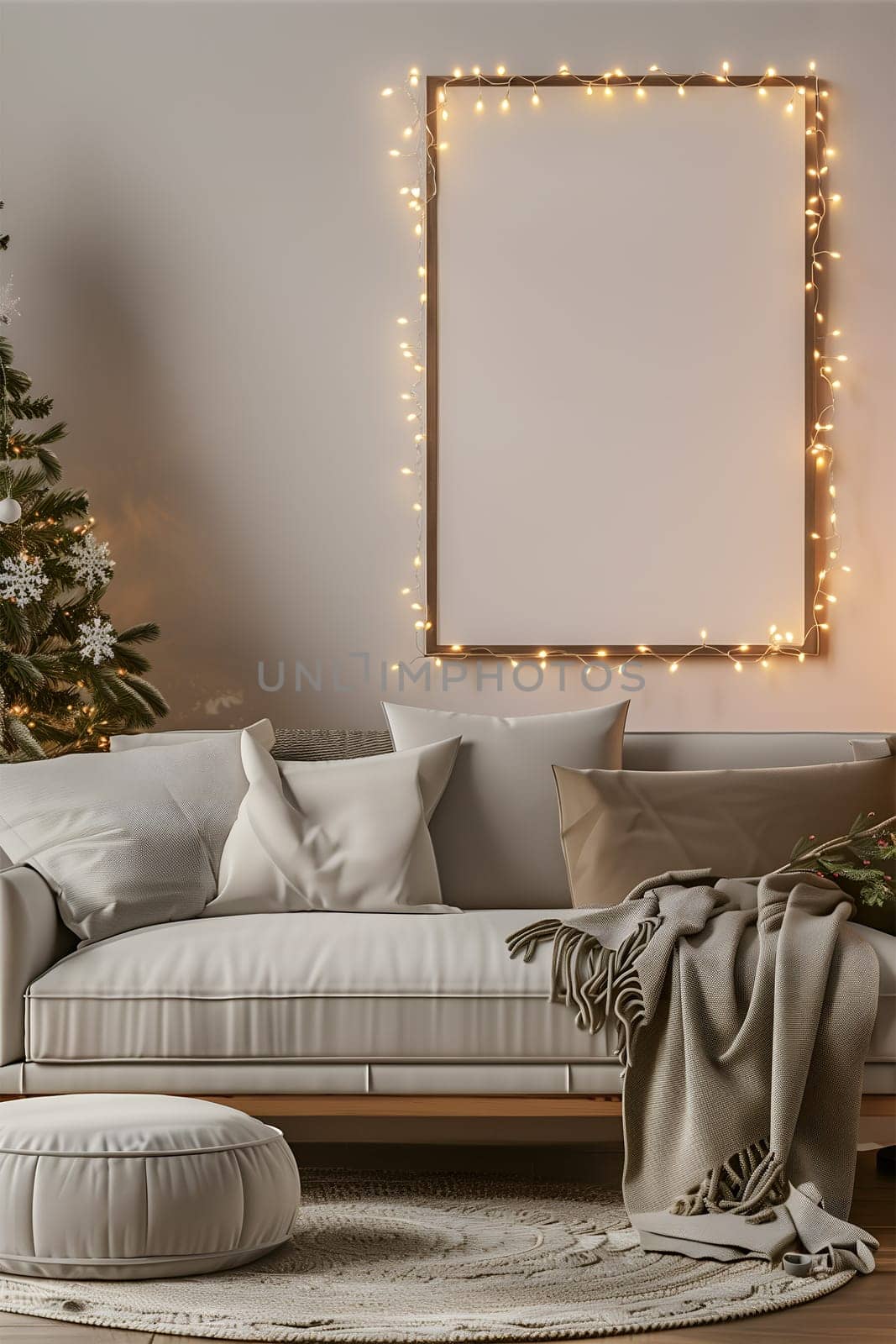 A mockup frame hanging on the wall in the living room, surrounded by a decorated Christmas Scandinavian interior. Vertical photo The room is decorated with Christmas lights and gifts