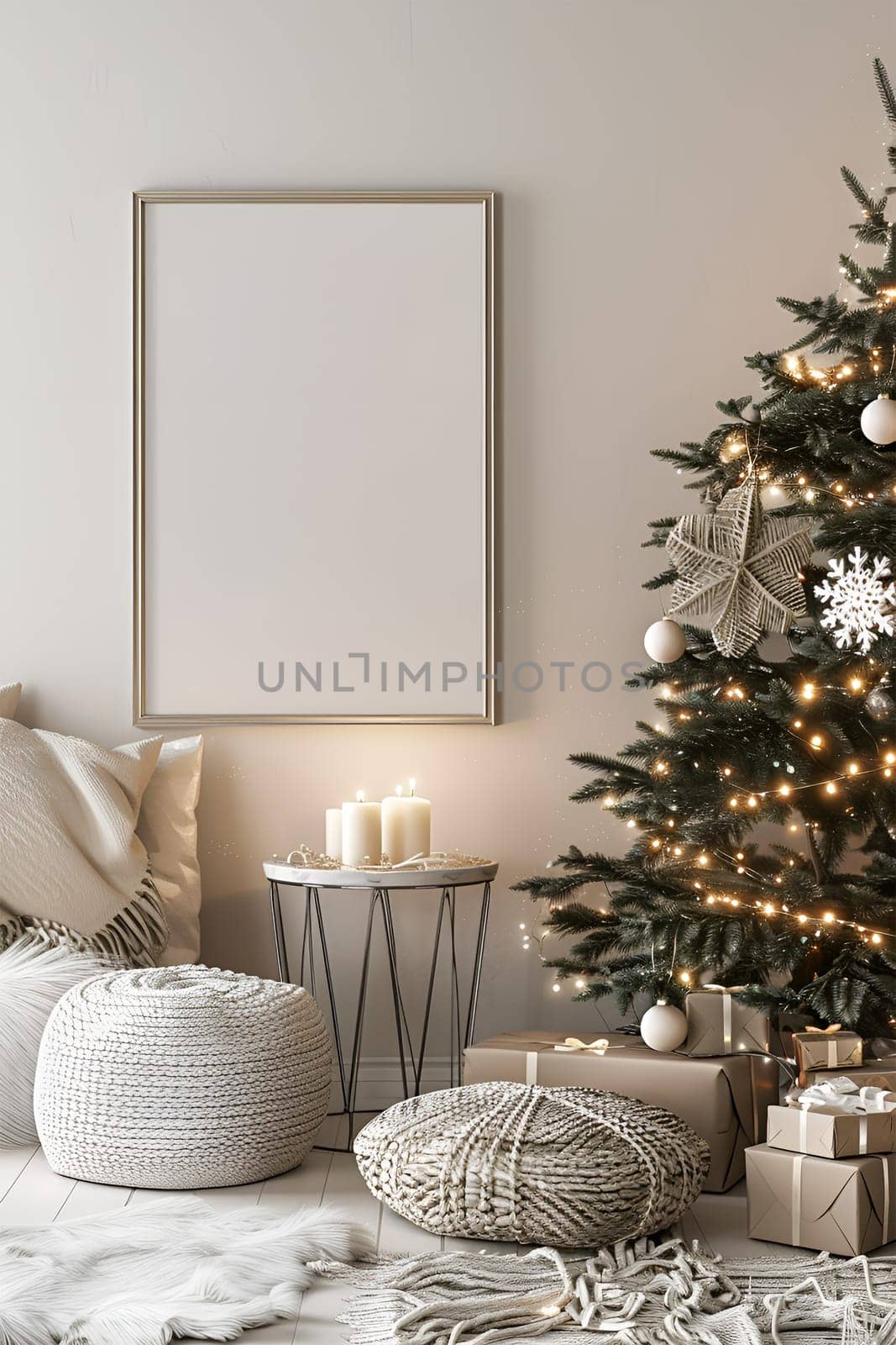 A mockup frame hanging on the wall in the living room, surrounded by a decorated Christmas Scandinavian interior. Vertical photo The room is decorated with Christmas lights and gifts