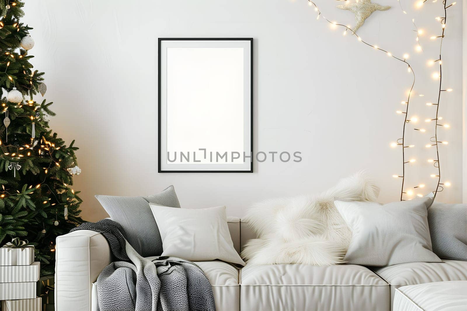 A mockup white frame in a decorated festive Christmas interior