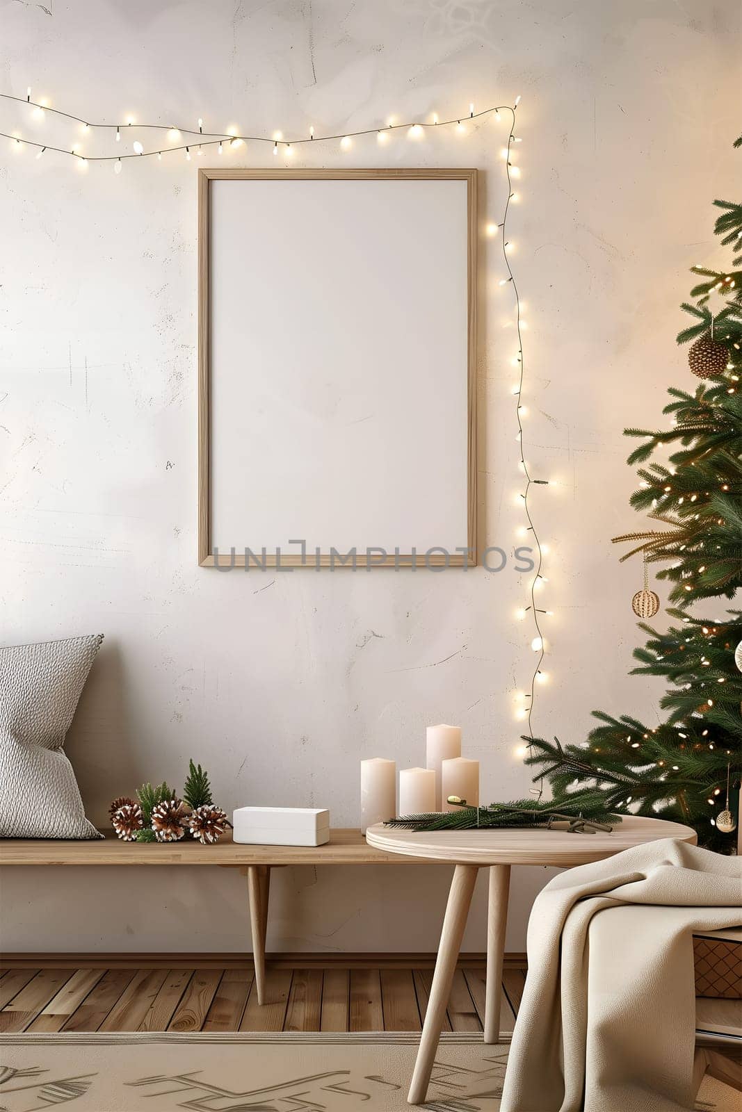 A mockup frame hanging on the wall in the living room, surrounded by a decorated Christmas interior. Vertical photo The room is decorated with Christmas lights and gifts