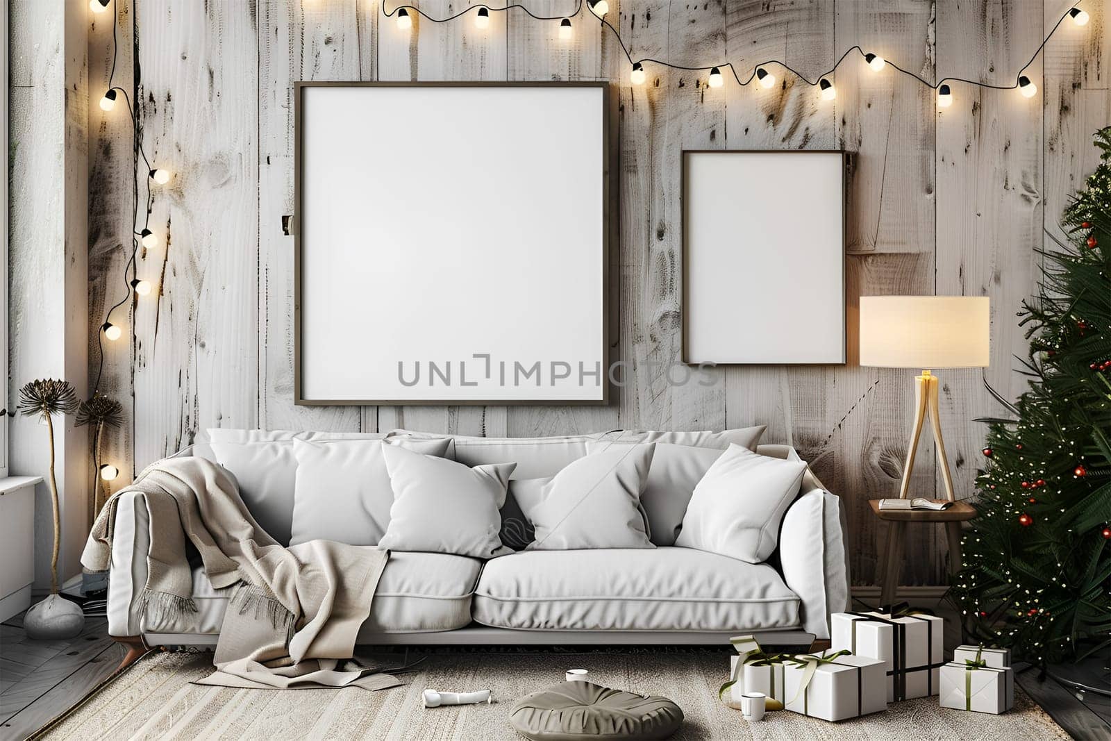 A mockup frame surrounded by a white Christmas tree with a white pillow and a white blanket on the bed. The room is decorated with Christmas lights and gifts