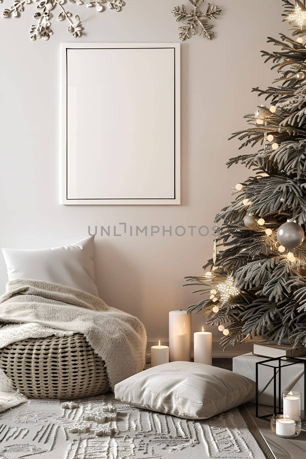 A mockup frame hanging on the wall in the living room, surrounded by a decorated Christmas interior. Vertical photo The room is decorated with Christmas lights and gifts