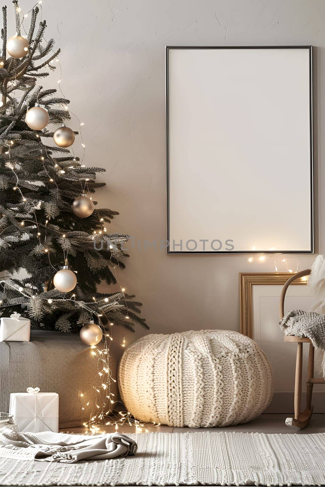 A mockup frame surrounded by a white Christmas tree with a white pillow and a white blanket on the bed. The room is decorated with Christmas lights and gifts