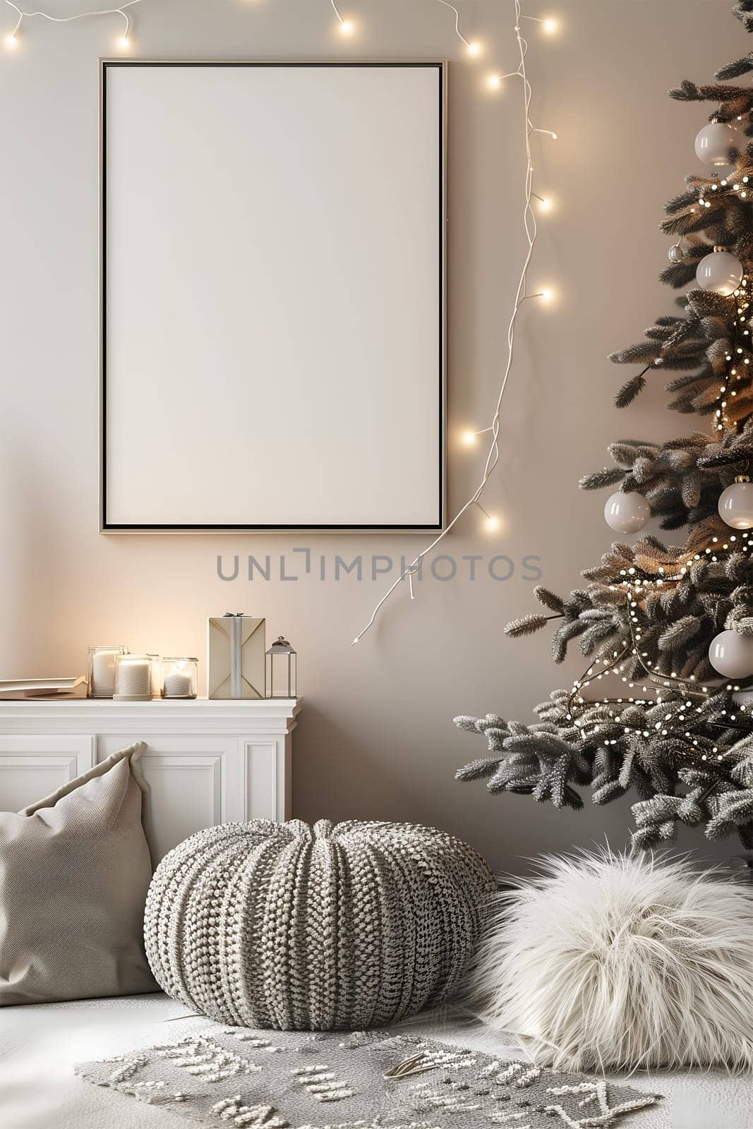 A mockup frame surrounded by a white Christmas tree with a white pillow and a white blanket on the bed. The room is decorated with Christmas lights and gifts