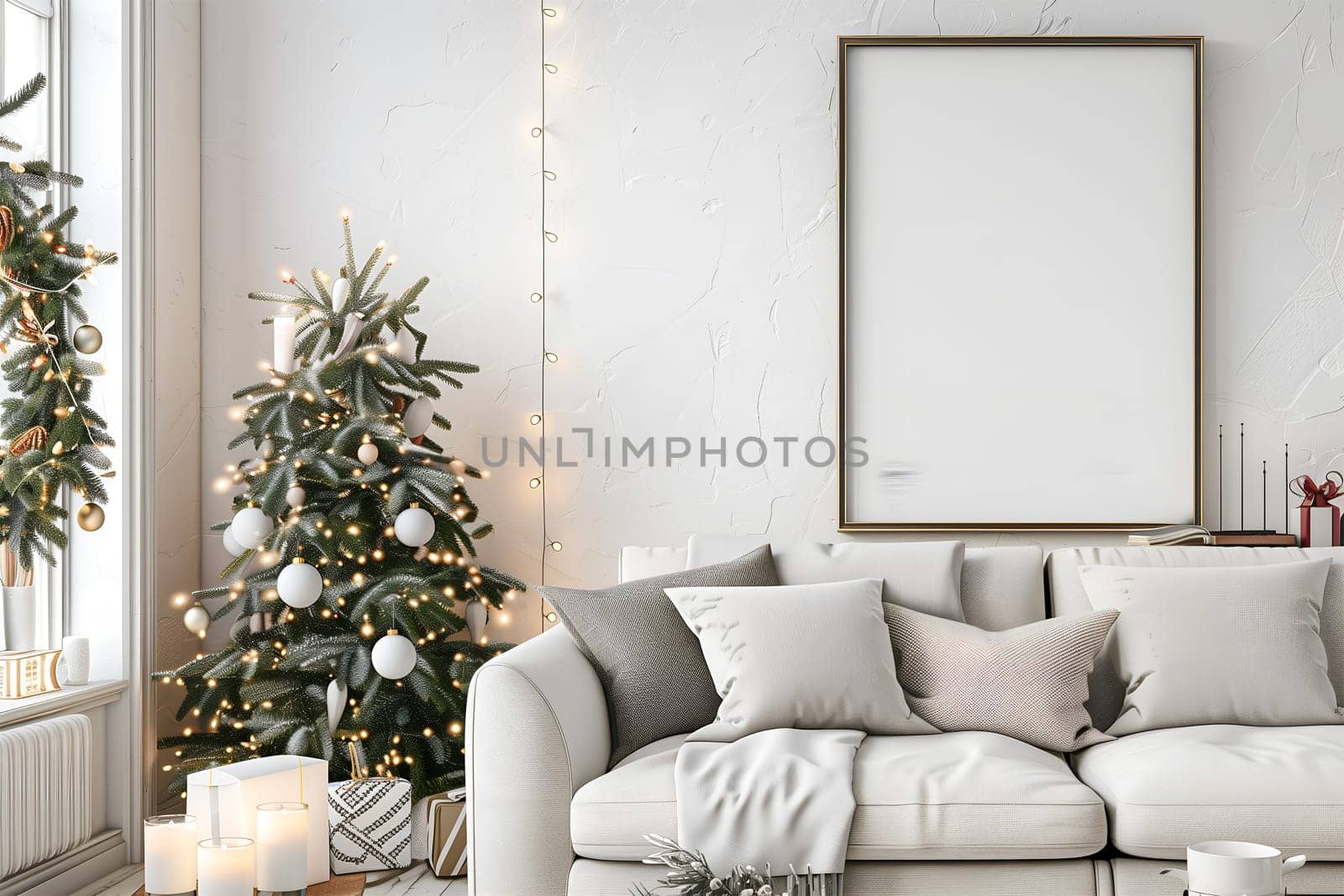 A mockup white frame in a decorated festive Christmas Scandinavian interior
