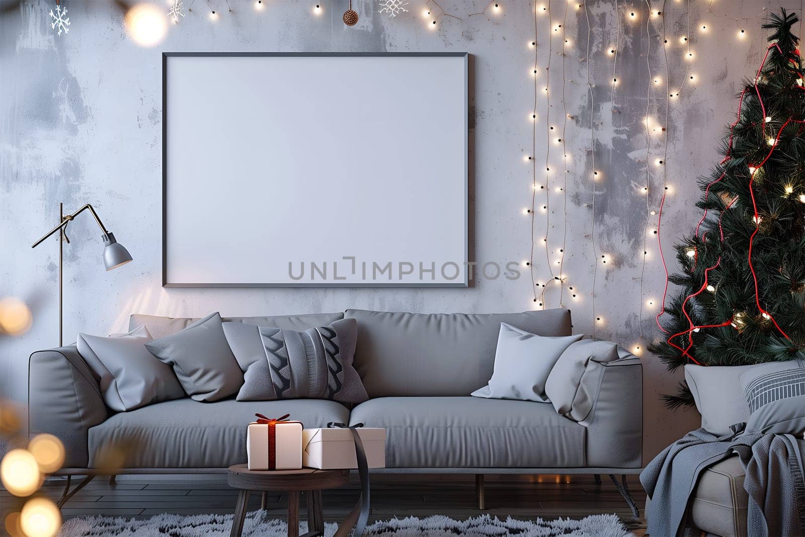A mockup white frame in a decorated festive Christmas interior