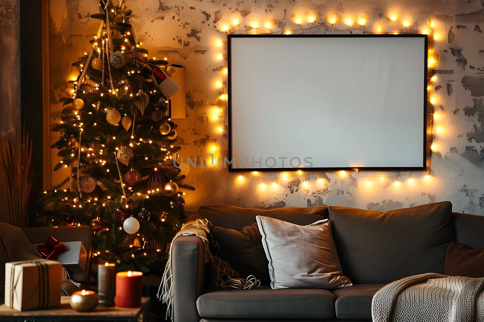 A mockup white frame in a decorated festive Christmas interior