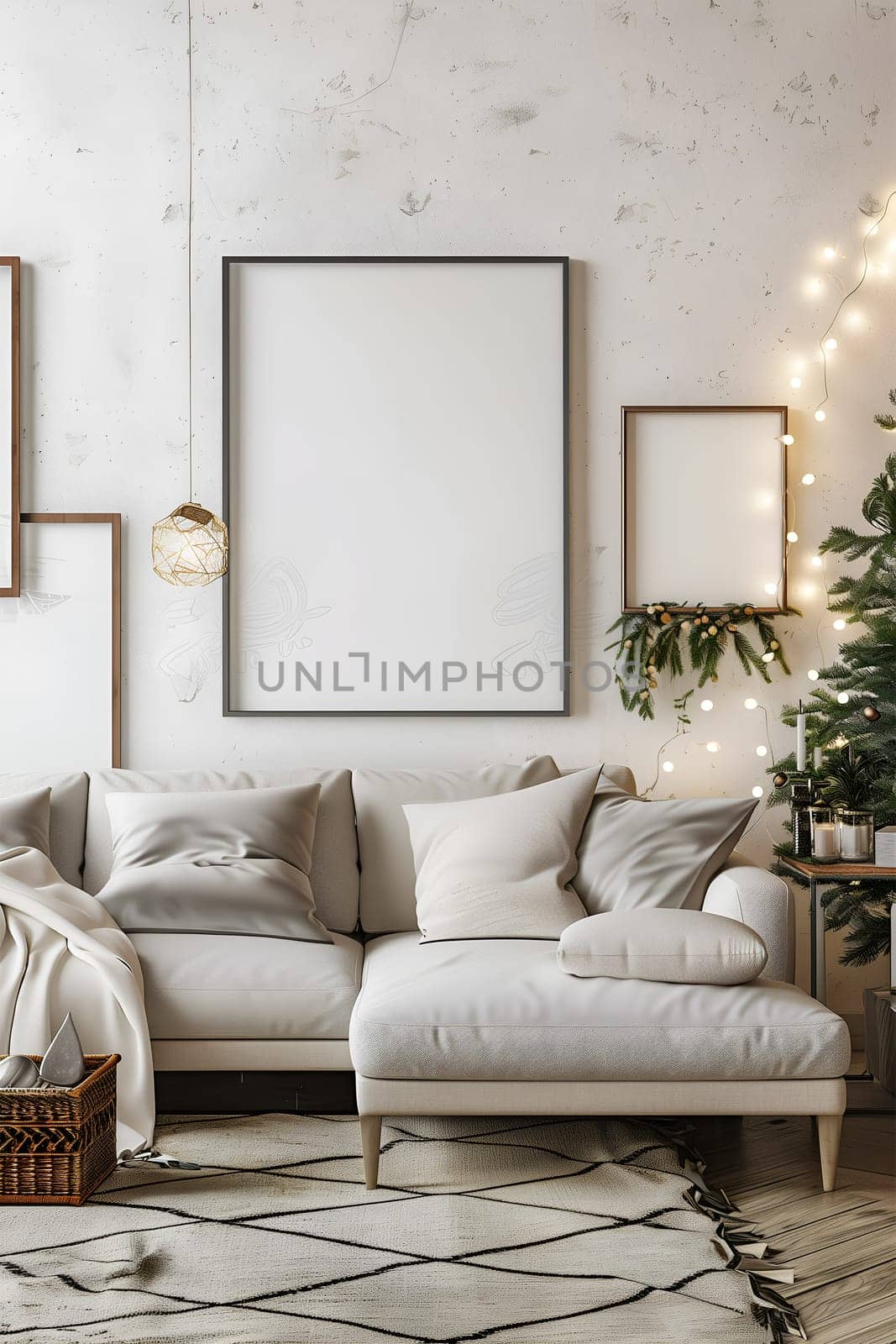 two mockup frames hanging on the wall in the living room, surrounded by a decorated Christmas interior. Vertical photo. The room is decorated with Christmas lights and gifts