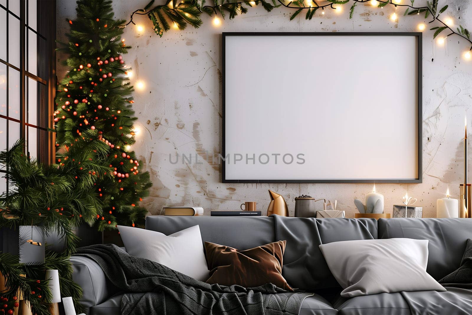 A mockup frame hanging on the wall in the living room, surrounded by a decorated Christmas interior. The room is decorated with Christmas lights and gifts