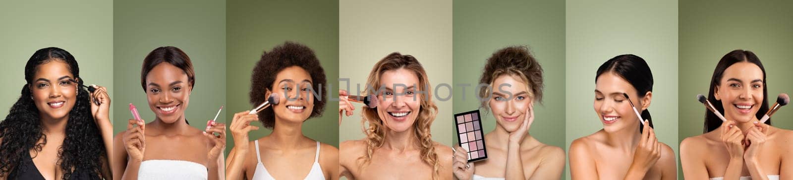 Seven diverse women apply makeup with brushes and products, smiling and looking directly at the camera. They each wear minimal clothing, showcasing different skin tones and hair textures