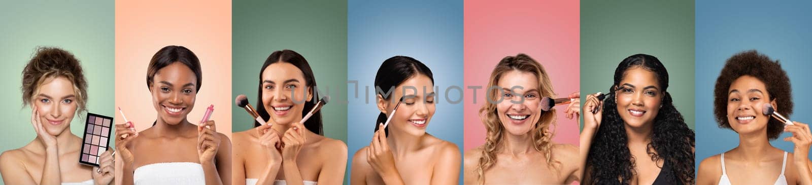 A group of diverse women with various skin tones apply makeup using brushes and sponges in front of vibrant colored backgrounds. They are all smiling and appear happy and confident.