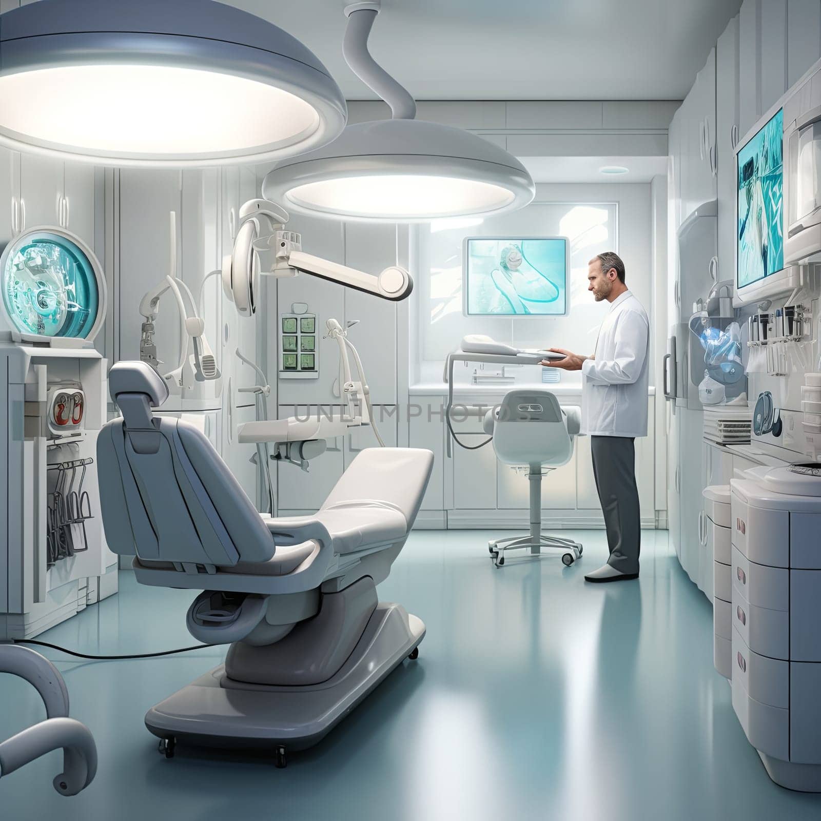 Dentist in protective clothing uses advanced tools and monitors to perform a procedure. Dentist in a state-of-the-art clinic with futuristic design and atmosphere.