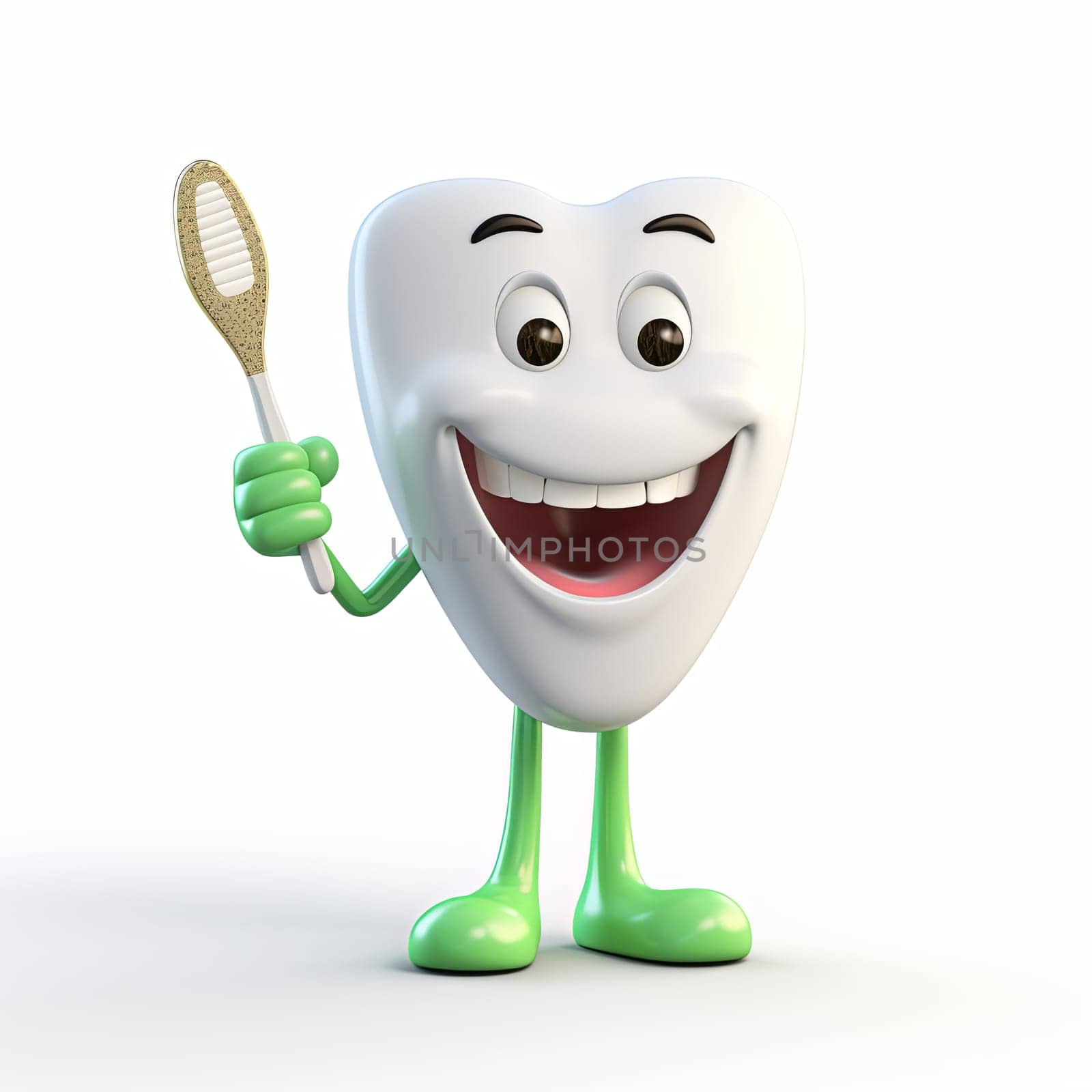 An illustration of a smiling tooth holding a bristled toothbrush, wearing shoes, and standing on white. The character has a big smile, open eyes, and holds the toothbrush in its left hand.