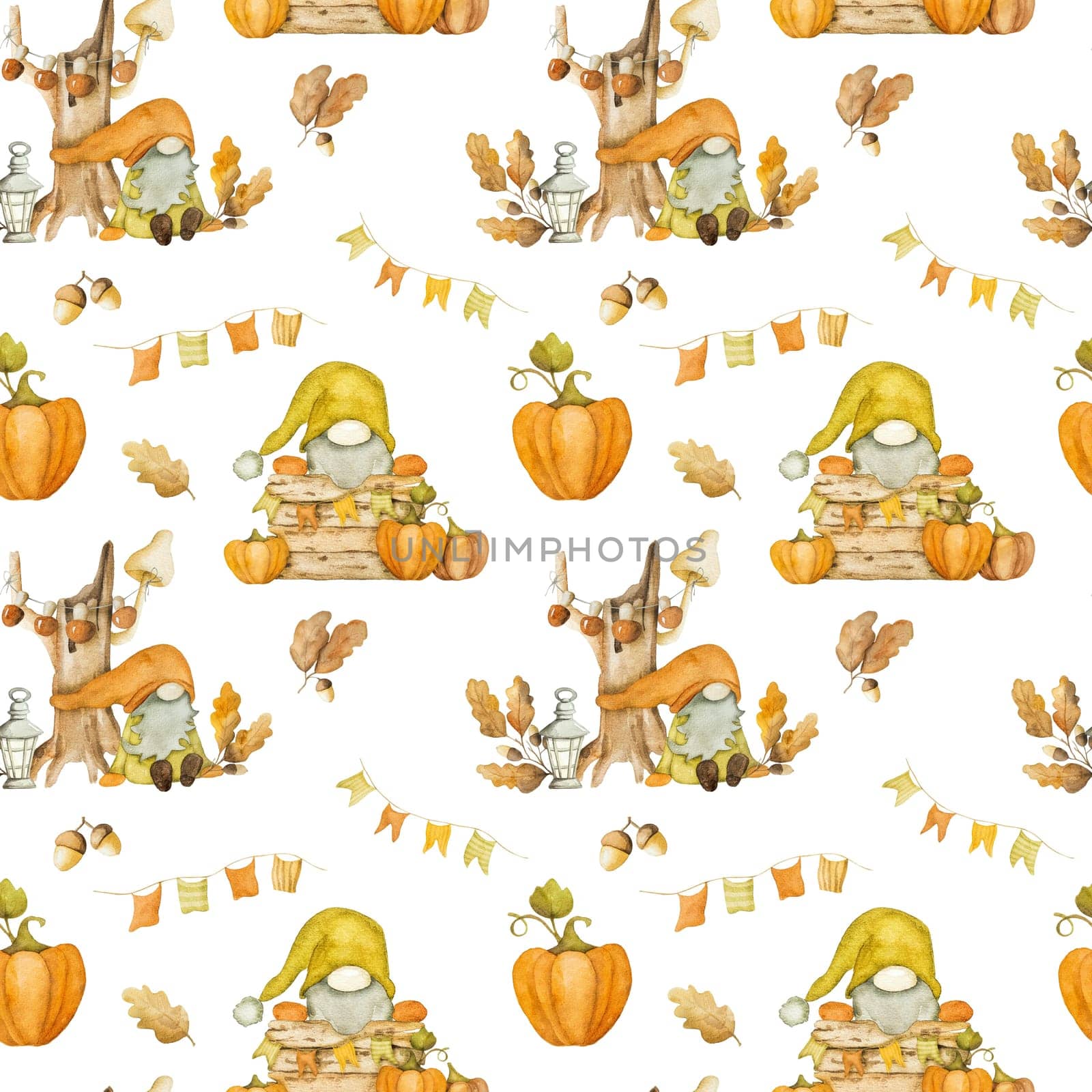 Cute autumn dwarf with pumpkin harvest watercolor painting seamless pattern. Fall season cartoon gnome with orange vegetable aquarelle painting