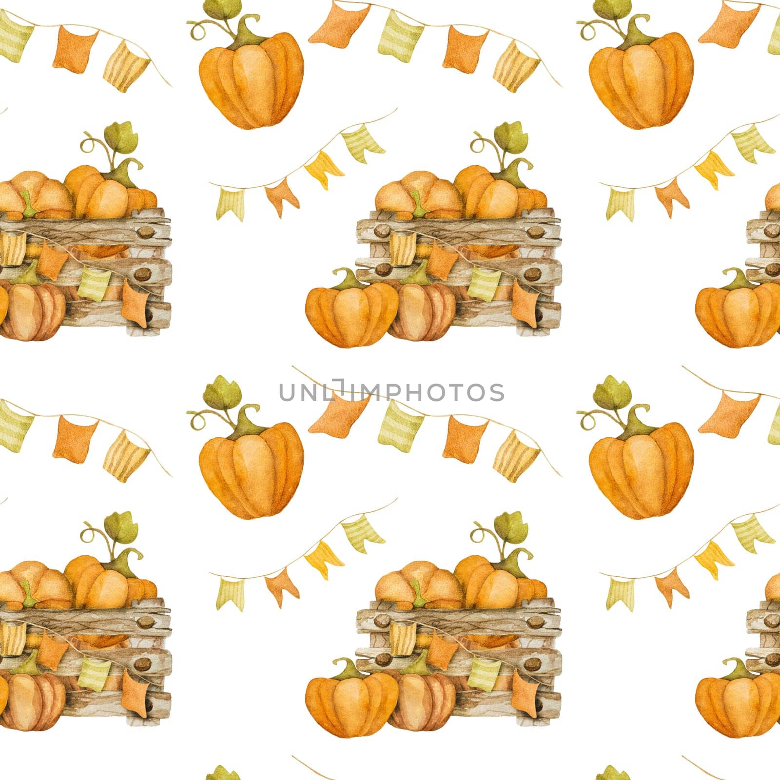 Cute autumn dwarf with pumpkin harvest watercolor painting seamless pattern. Fall season cartoon gnome with orange vegetable aquarelle painting