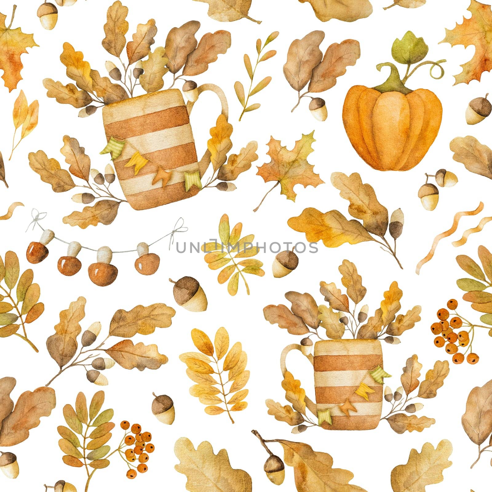 Autumn oak and maple leaves with pumpkin watercolor drawing seamless pattern. Fall season foliage with acorns aquarelle painting