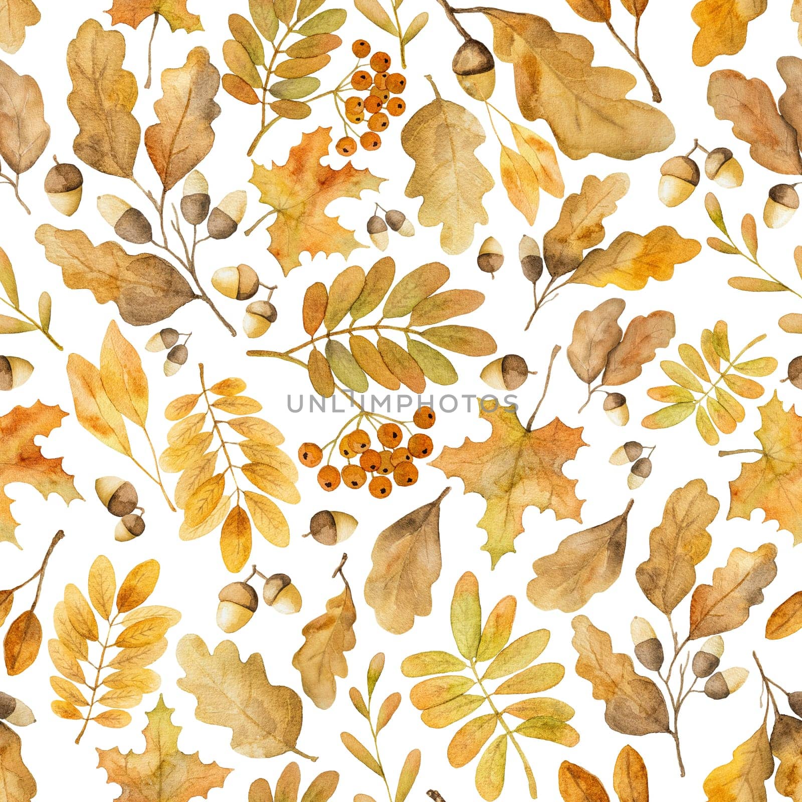 Autumn oak and maple leaves with pumpkin watercolor drawing seamless pattern. Fall season foliage with acorns aquarelle painting