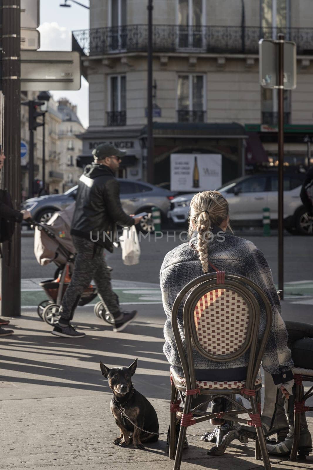 France, Paris - Jan 05, 2024 - A backshot of a Young Woman sits alone wooden chair with the her dog outside a cafe on street in Paris city. Lady drinking coffee and dog sitting near in an outdoor area of cafe/restaurant, Copy space, Selective focus.