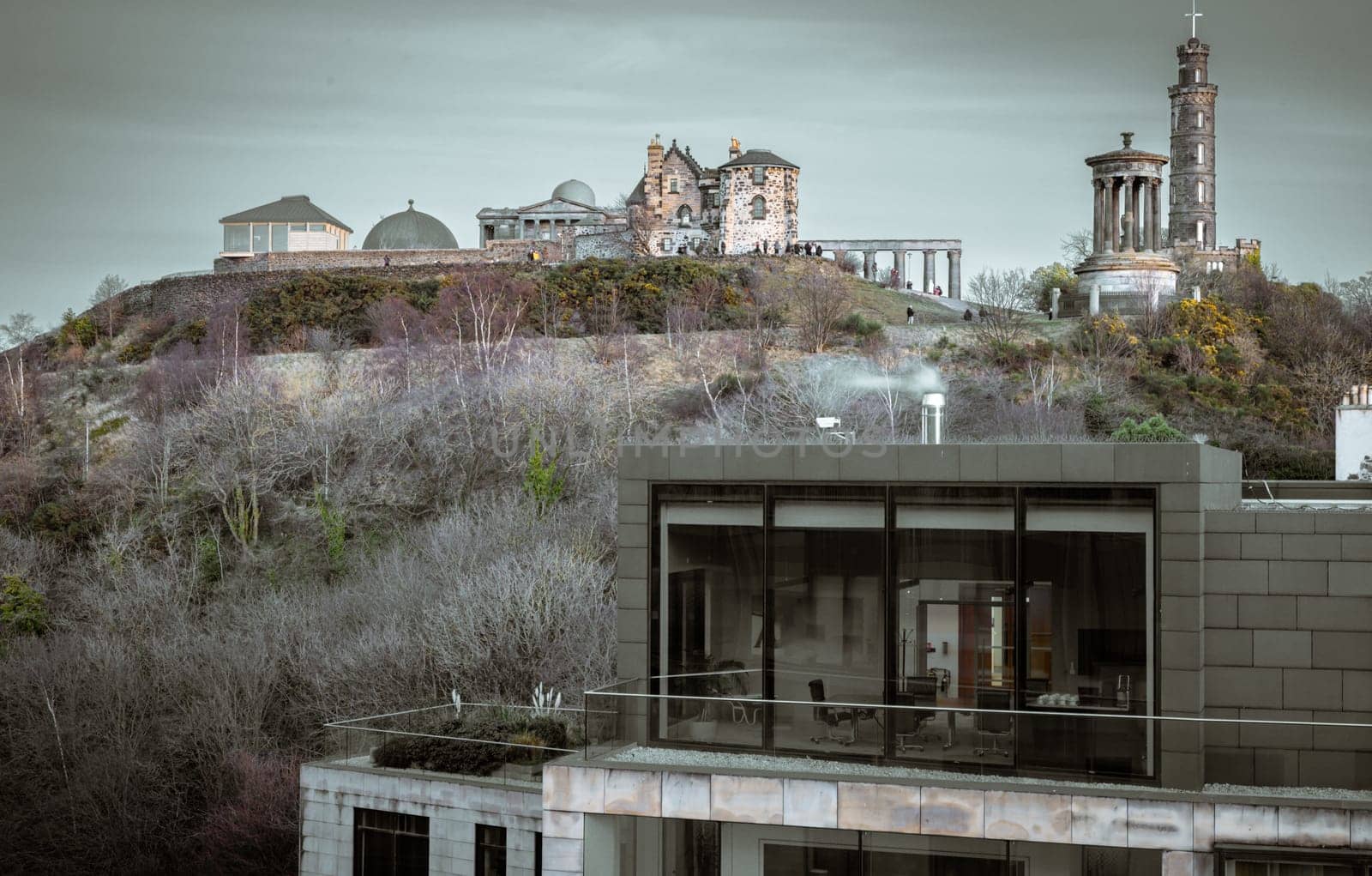 Edinburgh, Scotland - Jan 19, 2024 - View of Calton Hill with the skyline seen from the top of St James Quarter shopping centre in Edinburgh city. Destinations in Europe, Space for text, Selective focus.