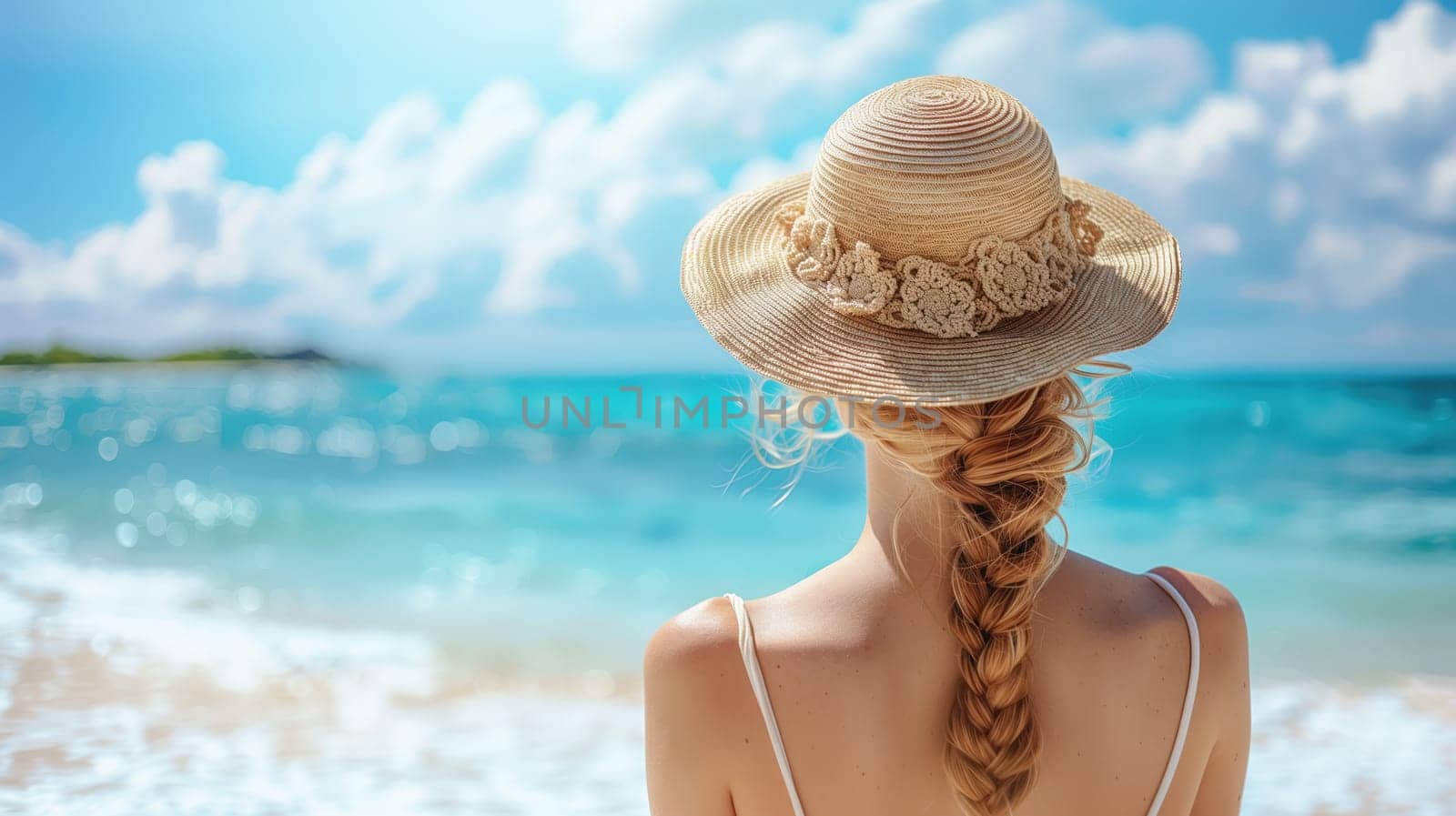 Outdoor summer portrait of young pretty woman looking to the ocean at tropical beach, enjoy her freedom and fresh air, wearing stylish hat. Summer landscape of beach. Copy space. Vacation concept.