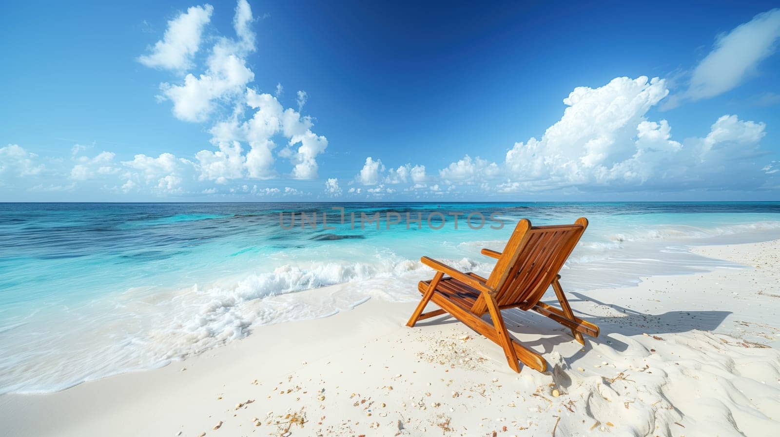 Beach holiday concept. Sandy tropical beach against blue sky with clouds on bright sunny day. Background a deck chair for sunbathing on sandy tropical beach, space for text.