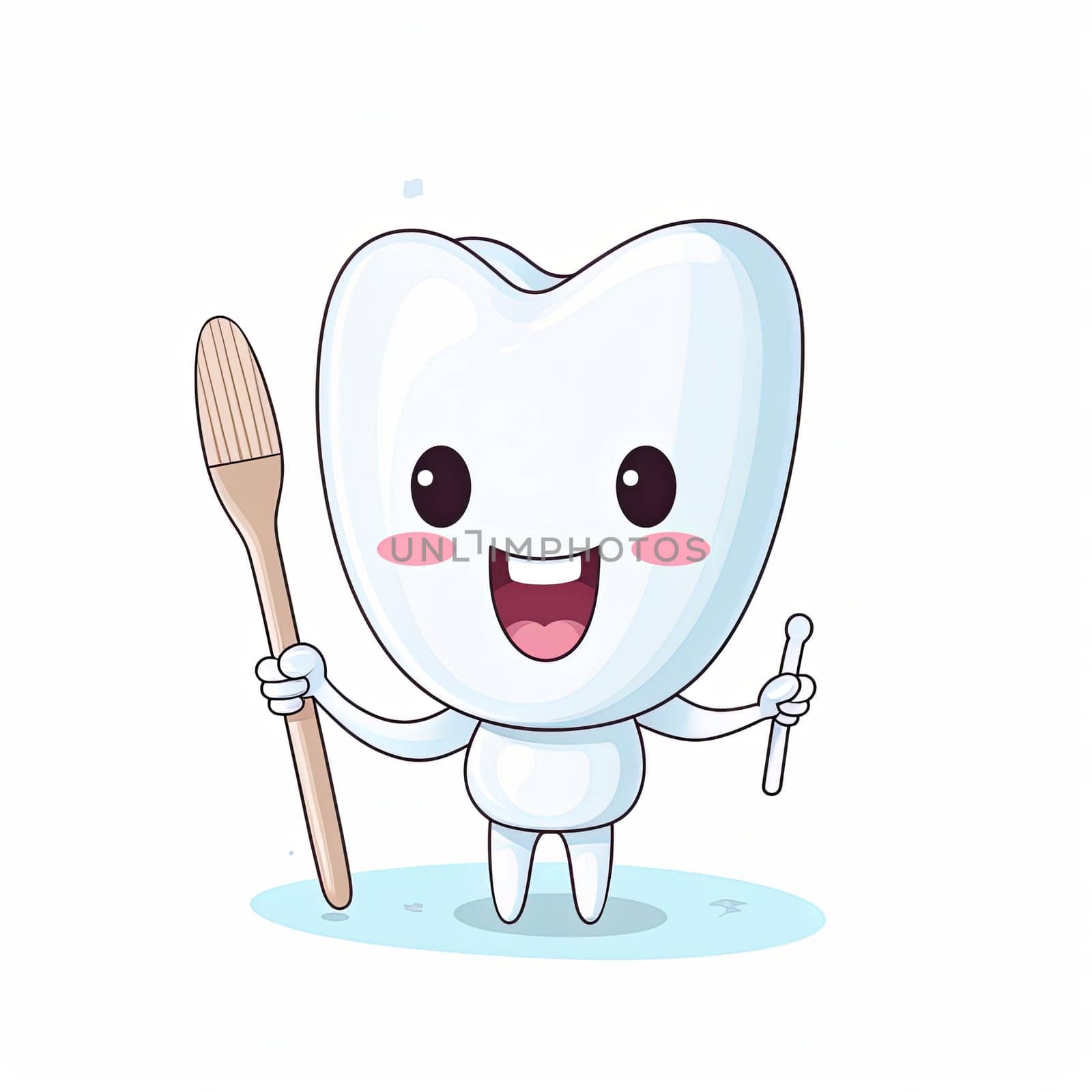 An illustration of a smiling tooth holding a bristled toothbrush, wearing shoes, and standing on white. The character has a big smile, open eyes, and holds the toothbrush in its both hand.