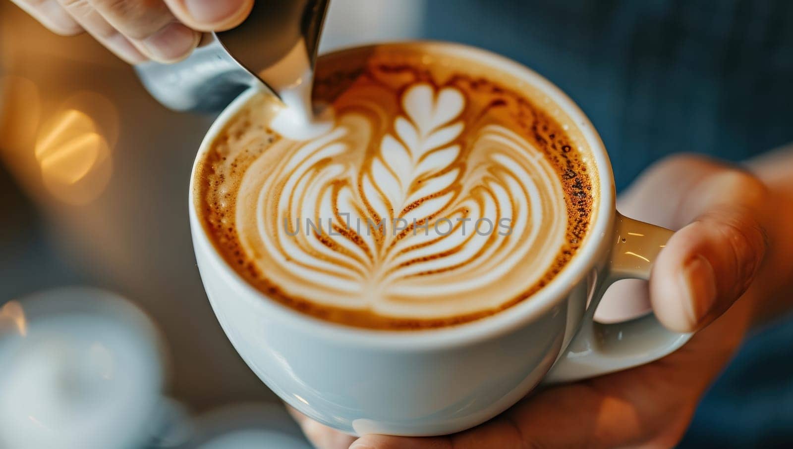 Close up of a barista's hands carefully pouring milk into a cup of espresso to create intricate latte art. The warm lighting and rich colors of the coffee create an inviting atmosphere.