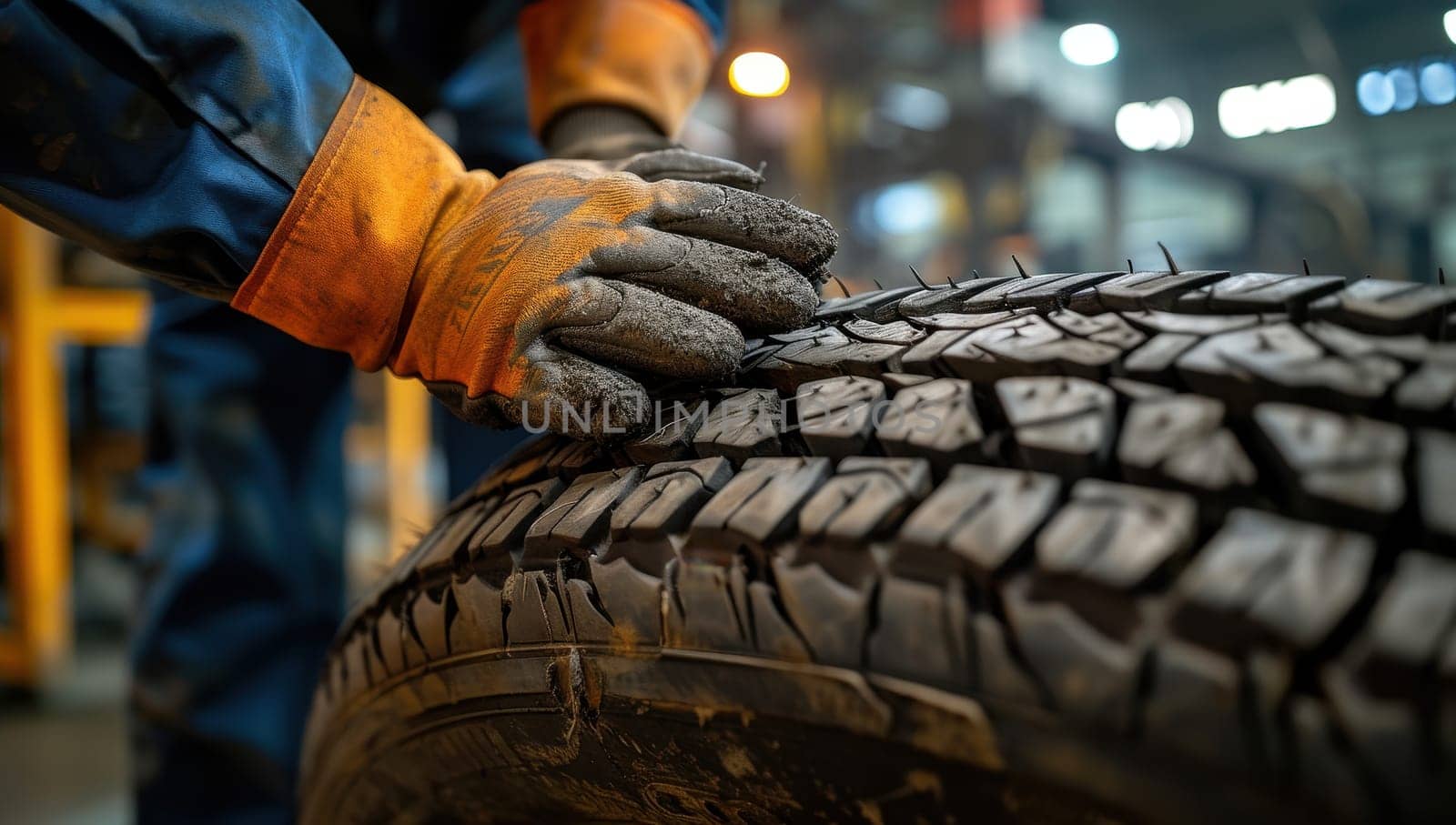 Close up of a mechanic's hands inspecting the tread of a tire in an auto repair shop.  Concept of car maintenance, safety, and automotive industry.