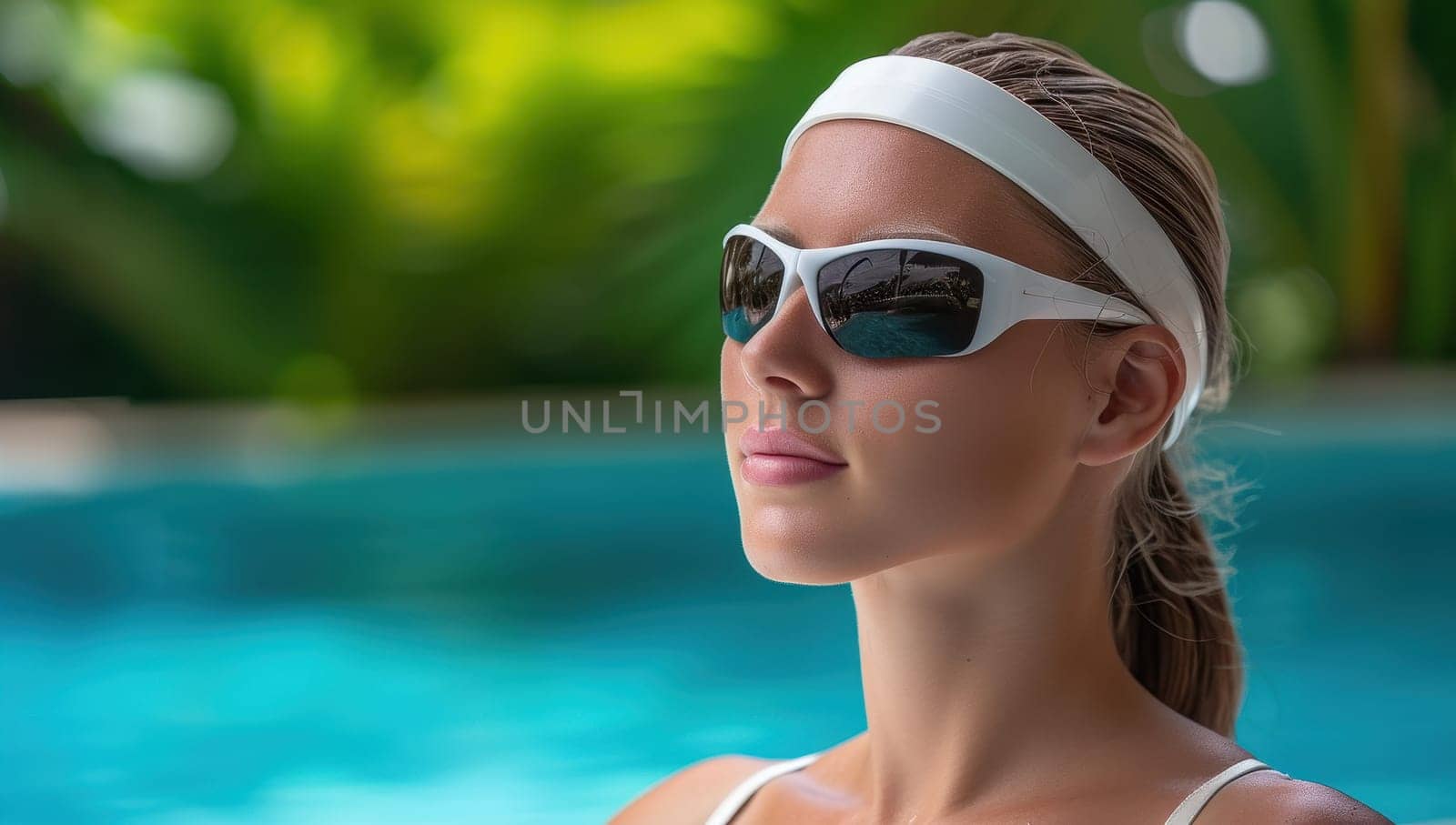 Portrait of a beautiful woman wearing sunglasses and a white headband by the pool on a sunny day. Summer vacation and relaxation concept.