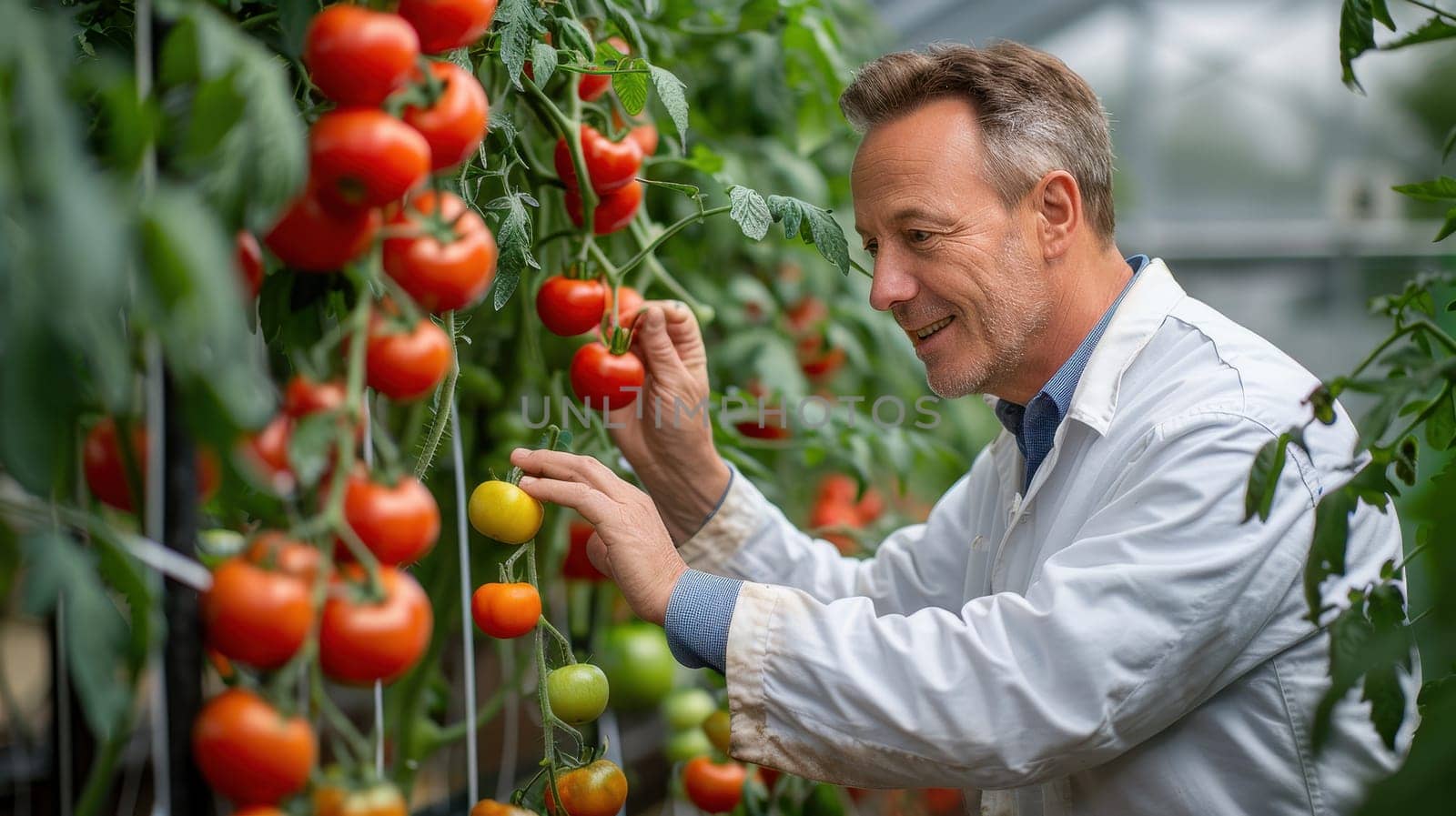 Male agricultural scientist inspecting tomatoes growing on vine in greenhouse. Concepts. agriculture, science, food production, sustainability.