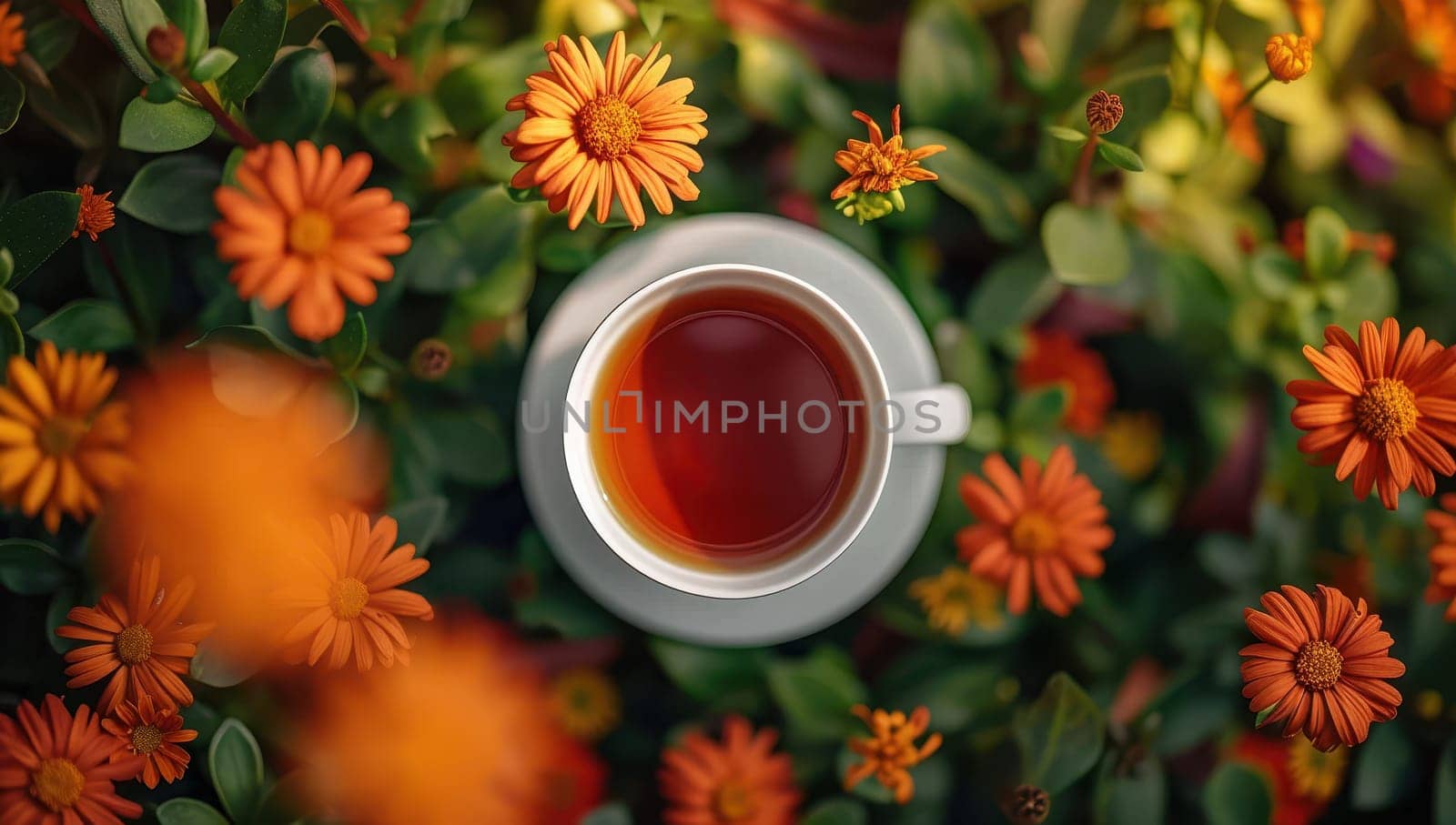 A cup of tea sits on a table surrounded by vibrant orange flowers. The image evokes feelings of warmth, comfort, and relaxation, perfect for autumn or tea time.