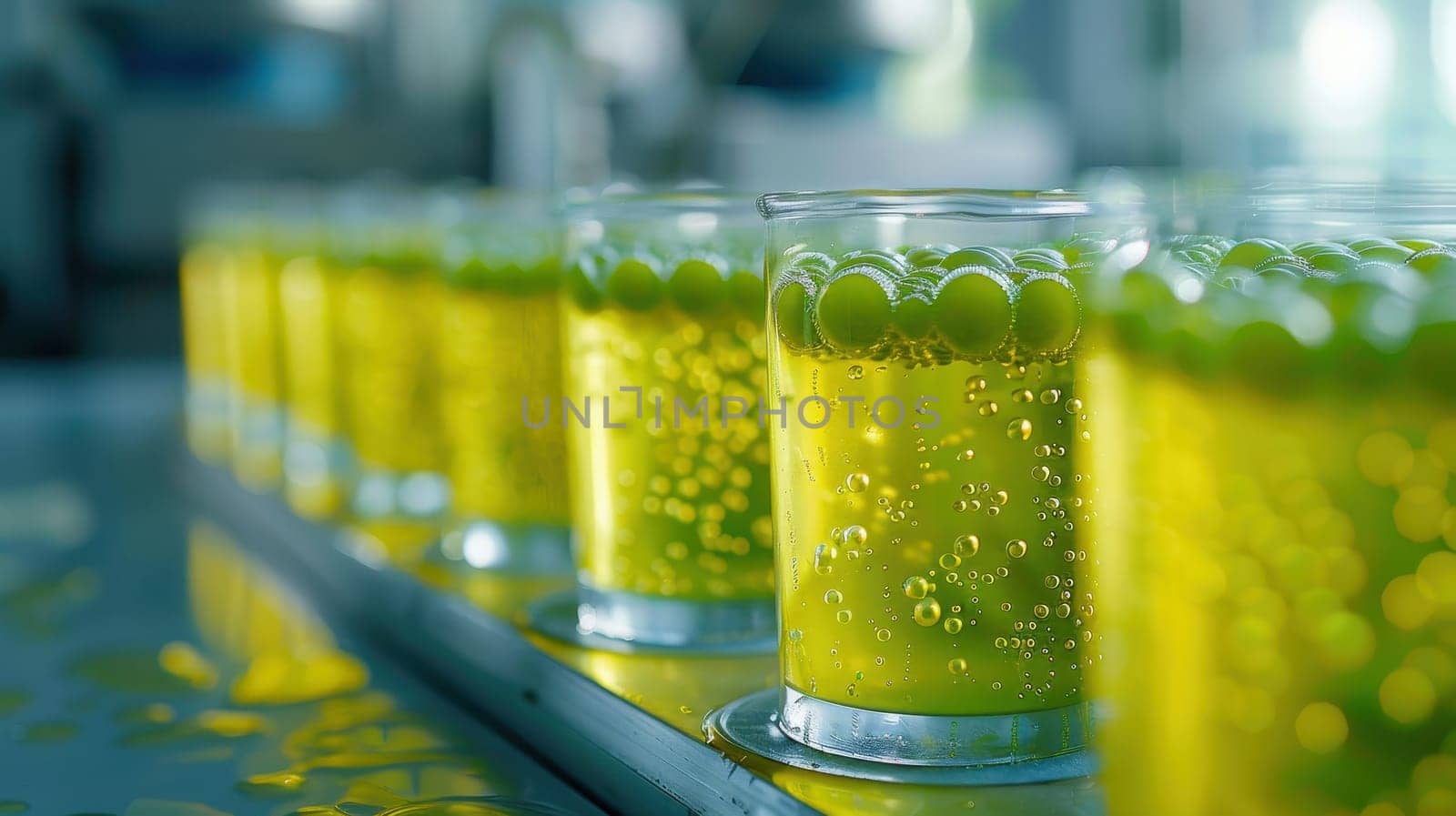 Glasses with fresh green juice on conveyor belt in beverage factory. Industrial food production, automation, bottling, technology, and manufacturing concept.