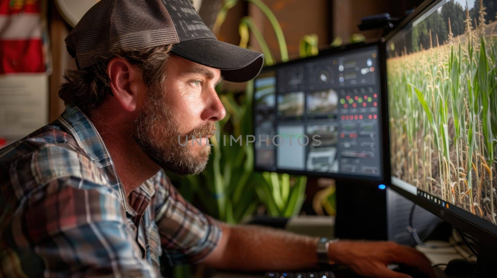 Farmer in cap using computer software for precision agriculture and farm management. Technology in agriculture and modern farming concept.