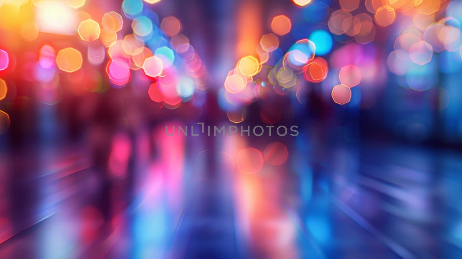 Abstract blurred background of city lights at night, creating a vibrant and colorful bokeh effect. Perfect for urban and nightlife themes.