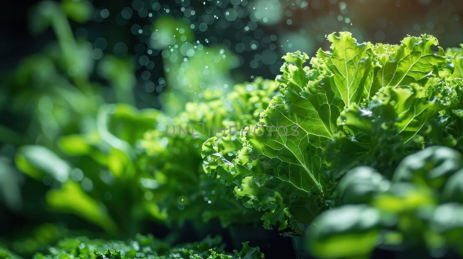 Close up of fresh, vibrant green lettuce being watered in an indoor hydroponic garden. The image highlights the concept of sustainable agriculture, healthy eating, and homegrown produce.