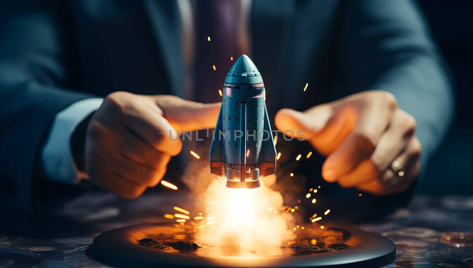 Businessman launching rocket with his hands. Startup, innovation, growth and success concept.